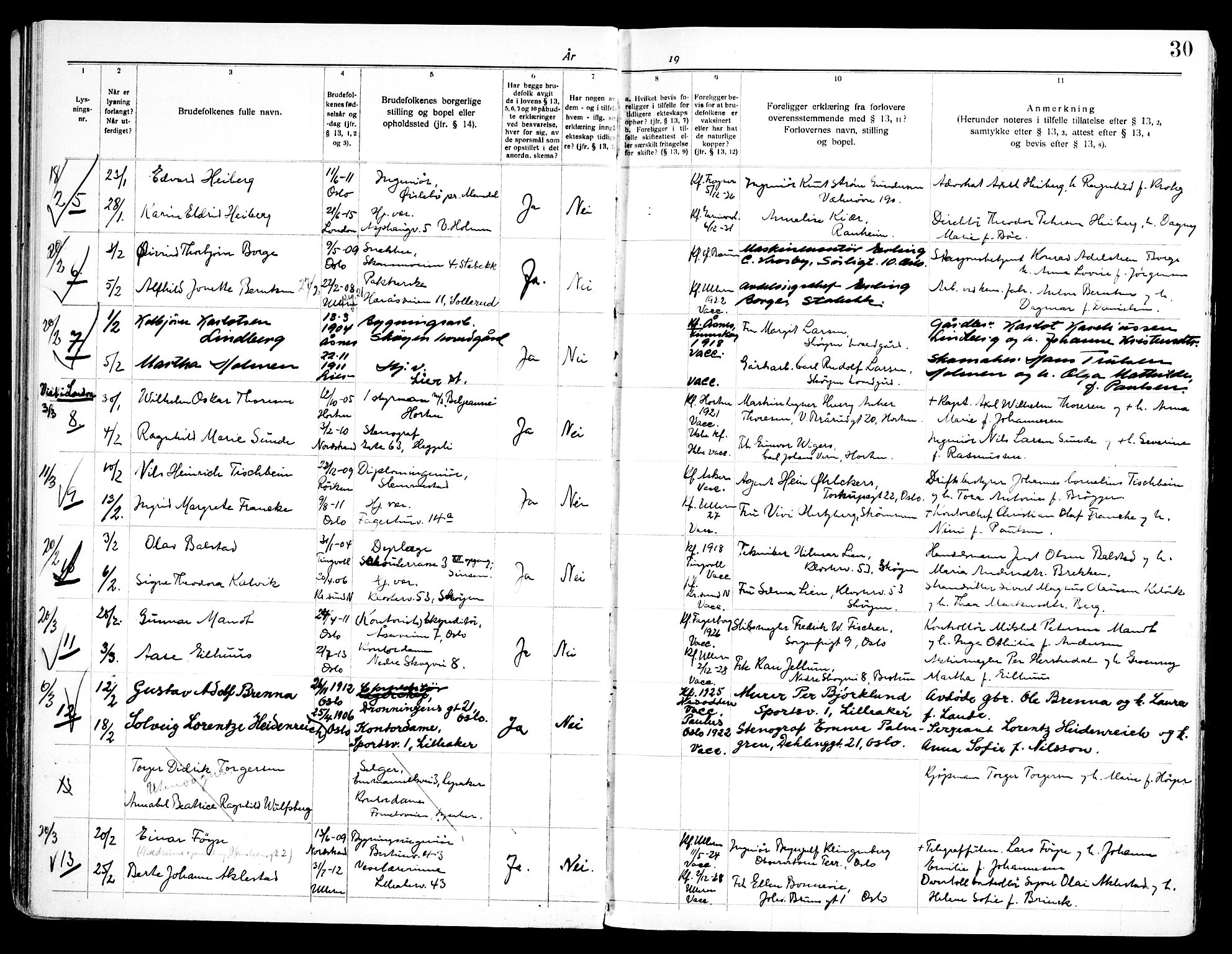 Ullern prestekontor Kirkebøker, SAO/A-10740/H/L0004: Banns register no. 4, 1933-1945, p. 30
