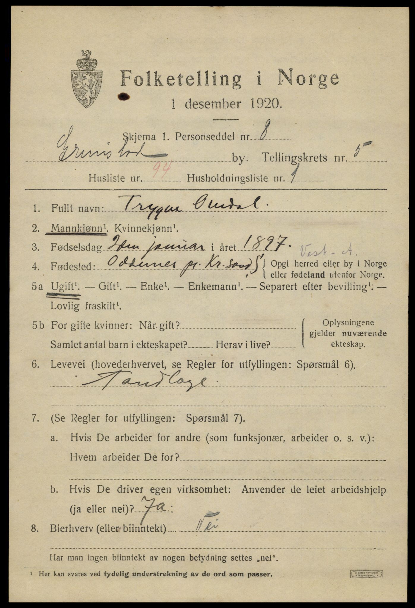 SAK, 1920 census for Grimstad, 1920, p. 7281