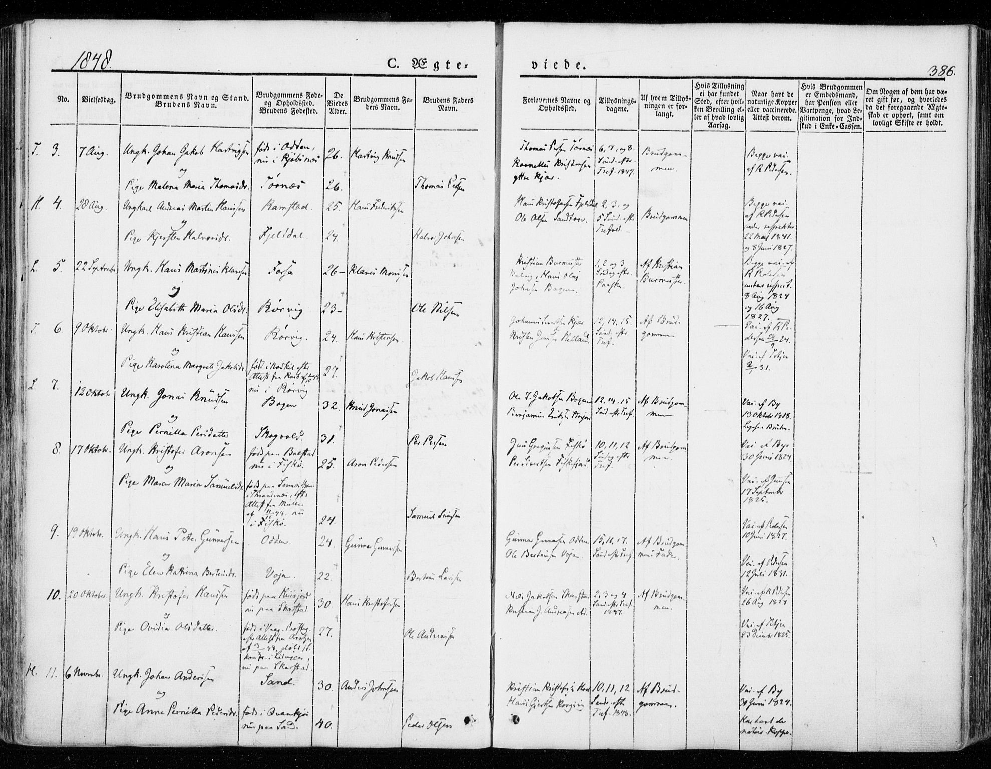 Ministerialprotokoller, klokkerbøker og fødselsregistre - Nordland, SAT/A-1459/872/L1033: Parish register (official) no. 872A08, 1840-1863, p. 386