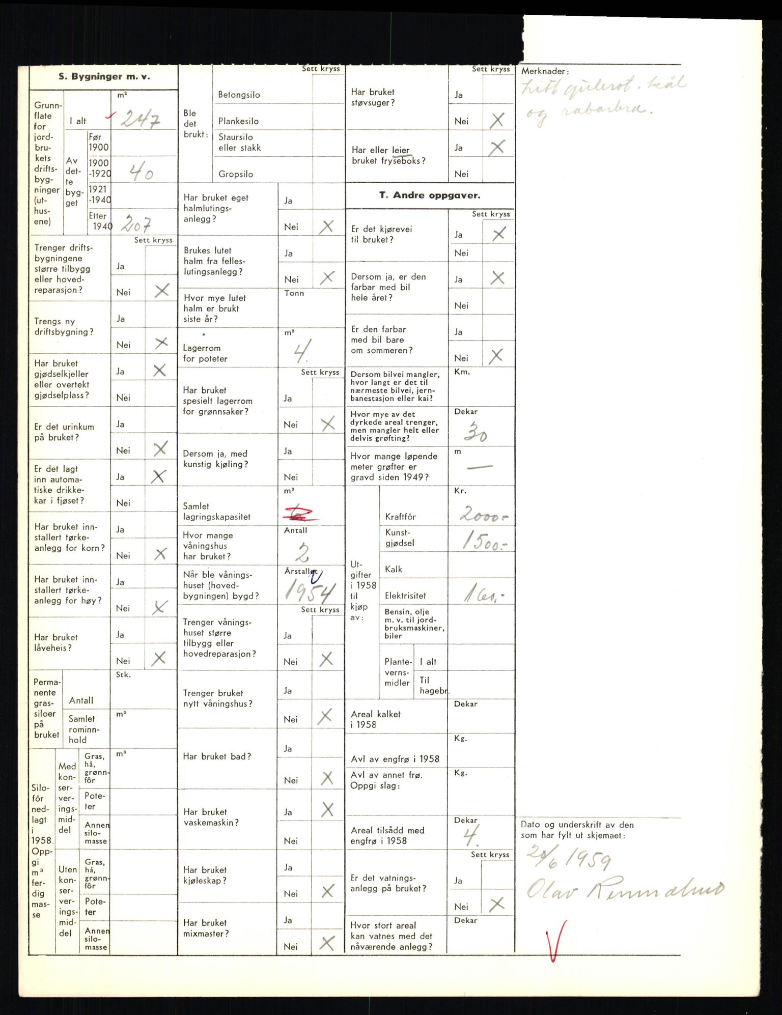 Statistisk sentralbyrå, Næringsøkonomiske emner, Jordbruk, skogbruk, jakt, fiske og fangst, AV/RA-S-2234/G/Gd/L0655: Troms: 1924 Målselv (kl. 4-10), 1959, p. 2204