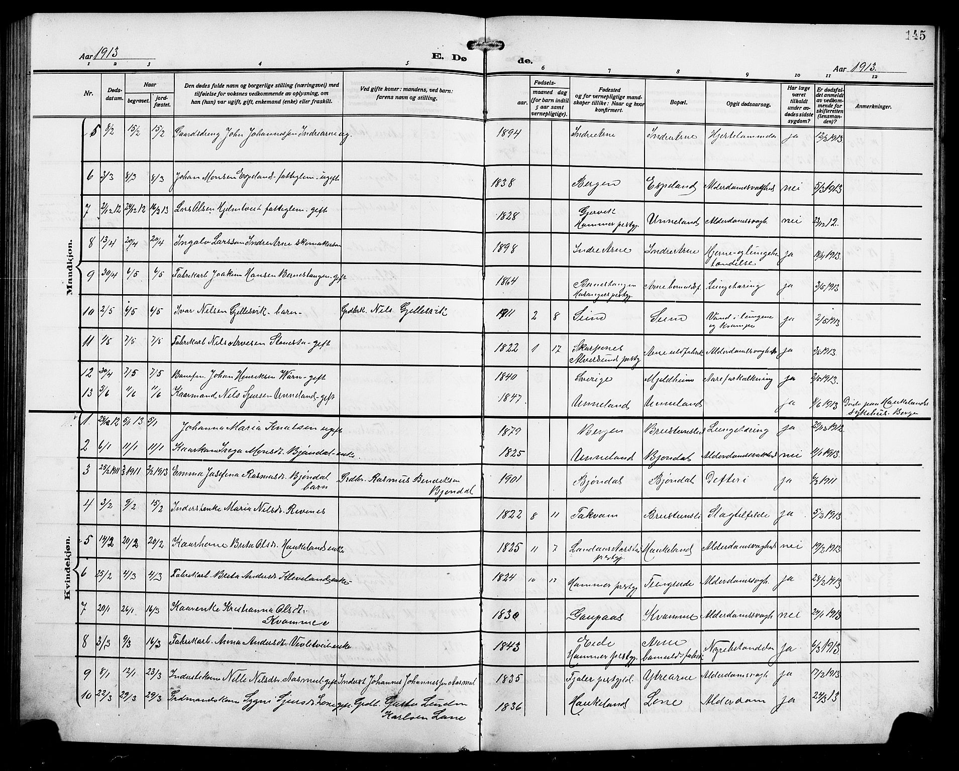 Arna Sokneprestembete, SAB/A-74001/H/Ha/Hab: Parish register (copy) no. A 5, 1911-1921, p. 145