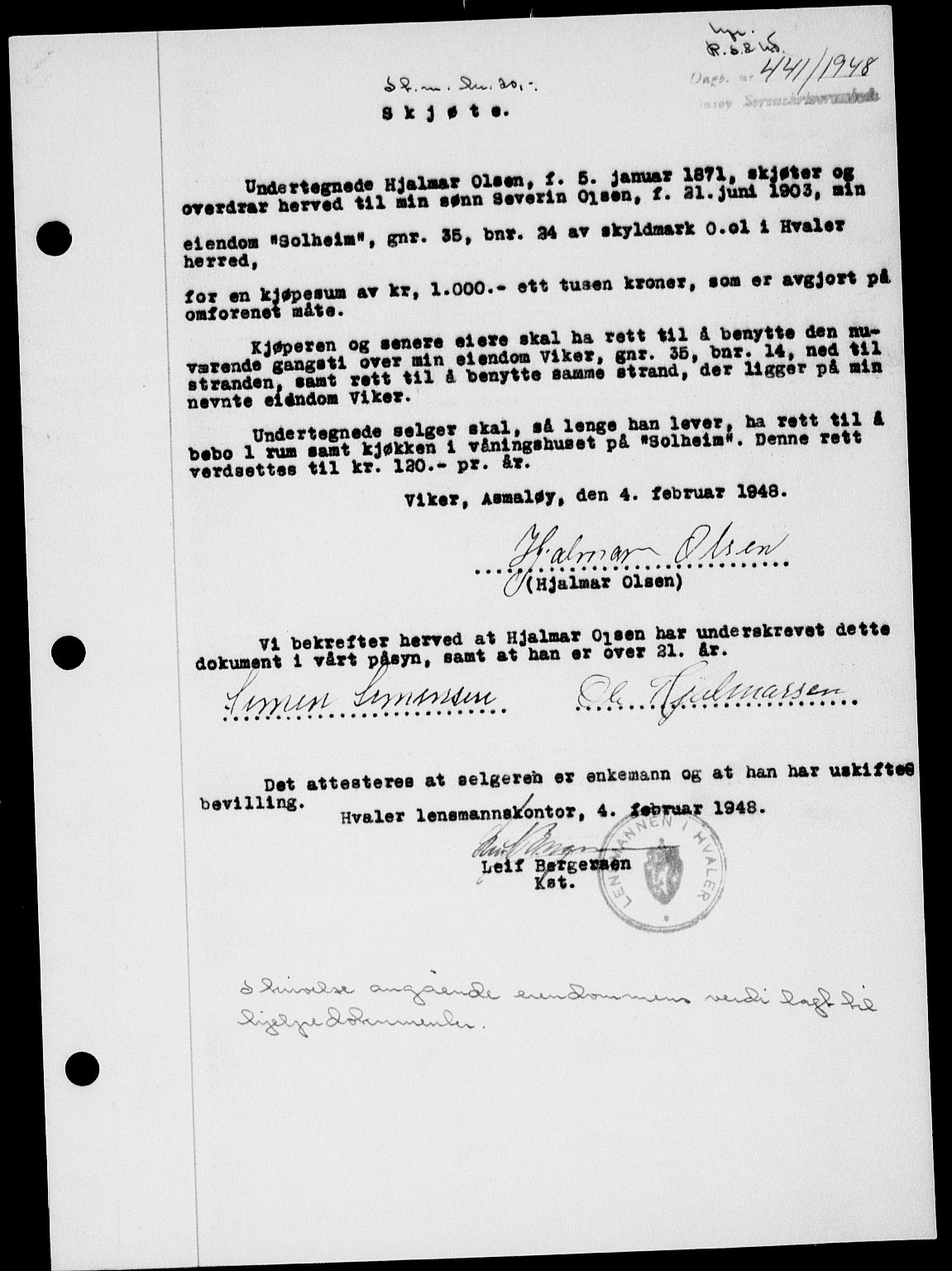 Onsøy sorenskriveri, SAO/A-10474/G/Ga/Gab/L0022: Mortgage book no. II A-22, 1947-1948, Diary no: : 441/1948