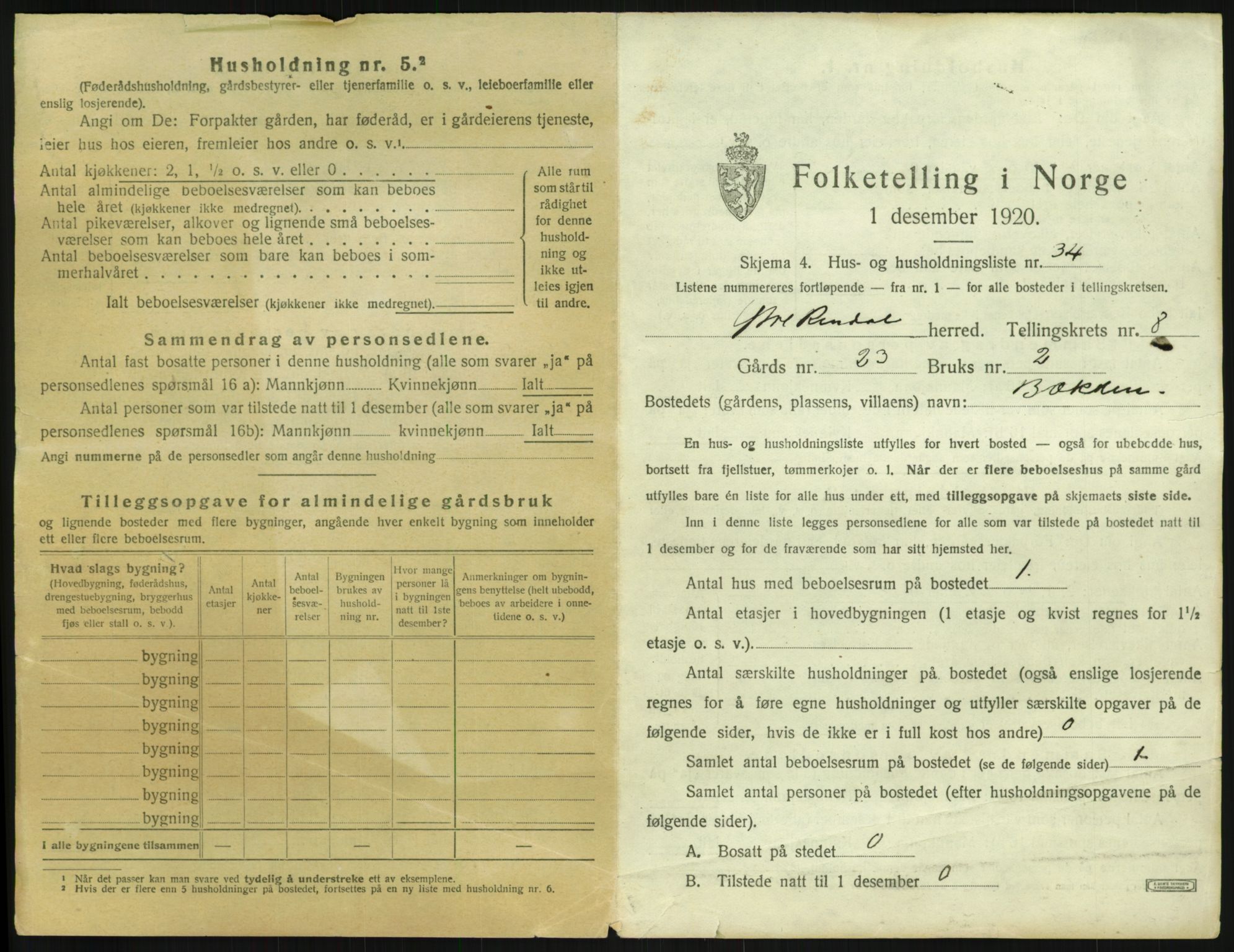 SAH, 1920 census for Ytre Rendal, 1920, p. 625