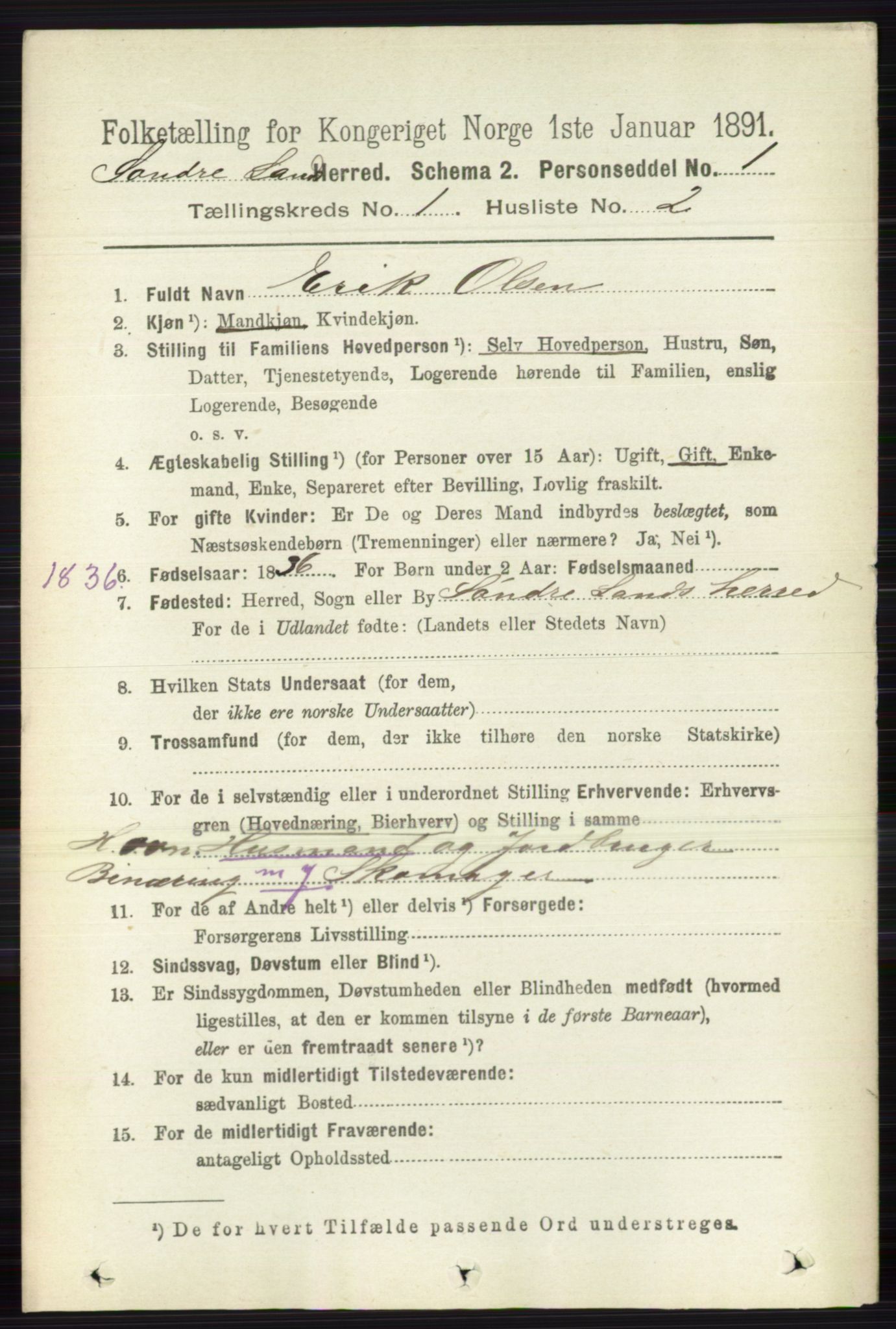 RA, 1891 census for 0536 Søndre Land, 1891, p. 146