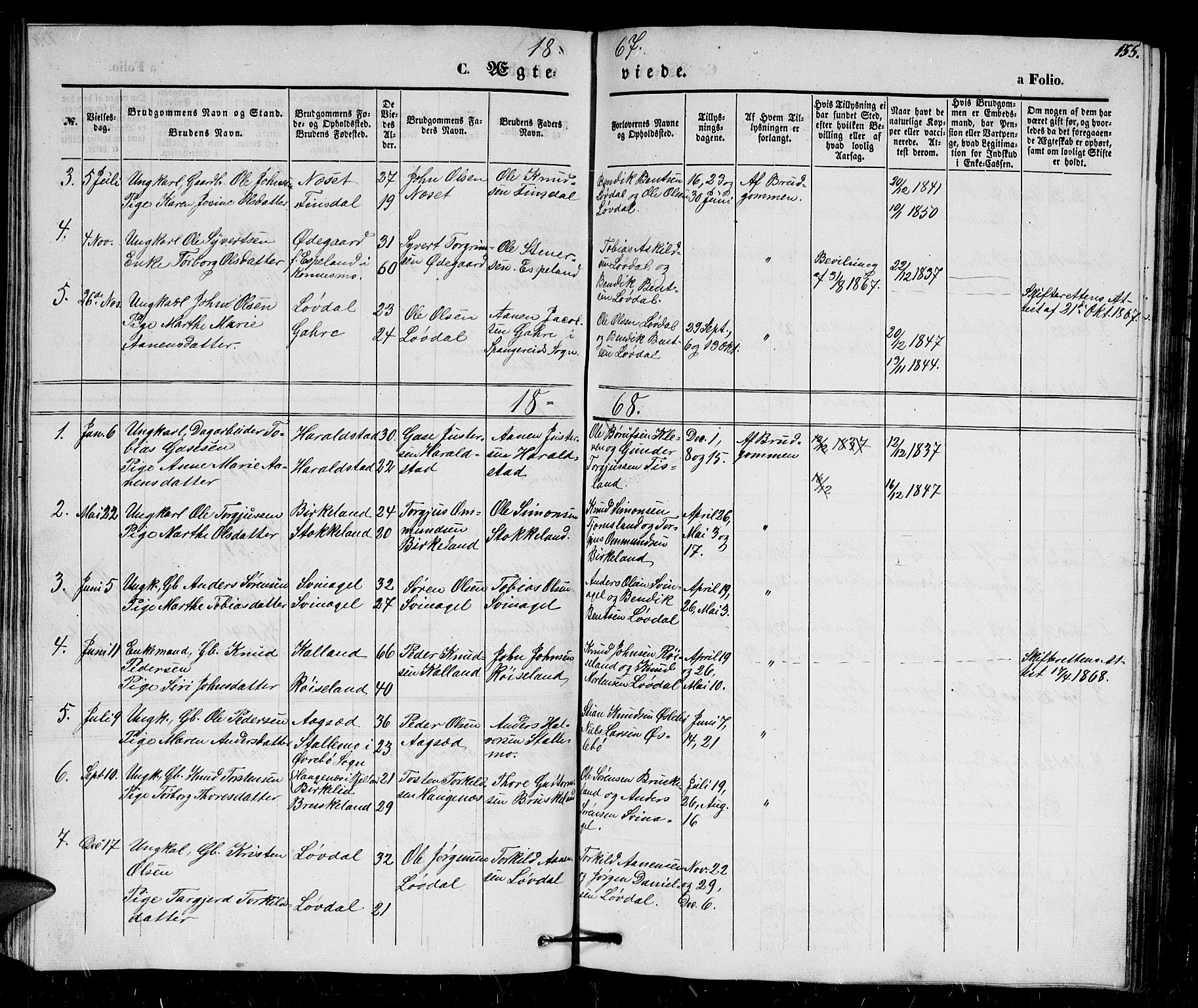 Holum sokneprestkontor, SAK/1111-0022/F/Fb/Fbb/L0002: Parish register (copy) no. B 2, 1847-1874, p. 155
