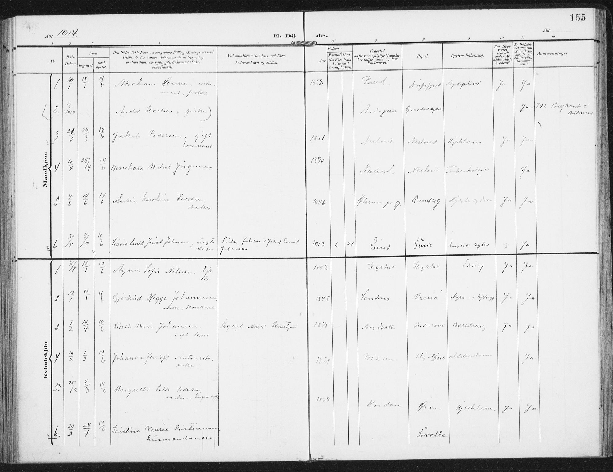 Ministerialprotokoller, klokkerbøker og fødselsregistre - Nordland, SAT/A-1459/885/L1206: Parish register (official) no. 885A07, 1905-1915, p. 155