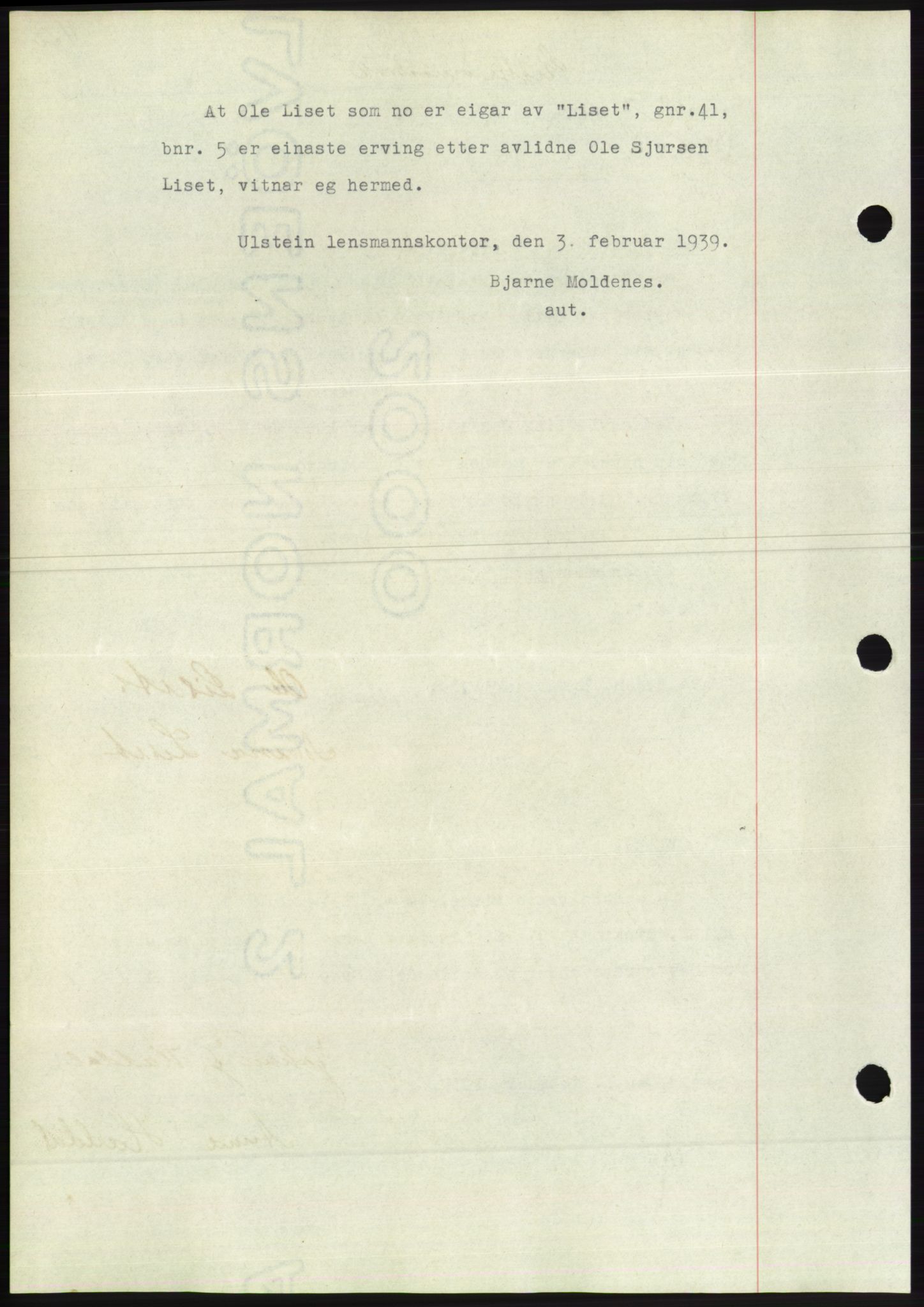 Søre Sunnmøre sorenskriveri, AV/SAT-A-4122/1/2/2C/L0067: Mortgage book no. 61, 1938-1939, Diary no: : 399/1939