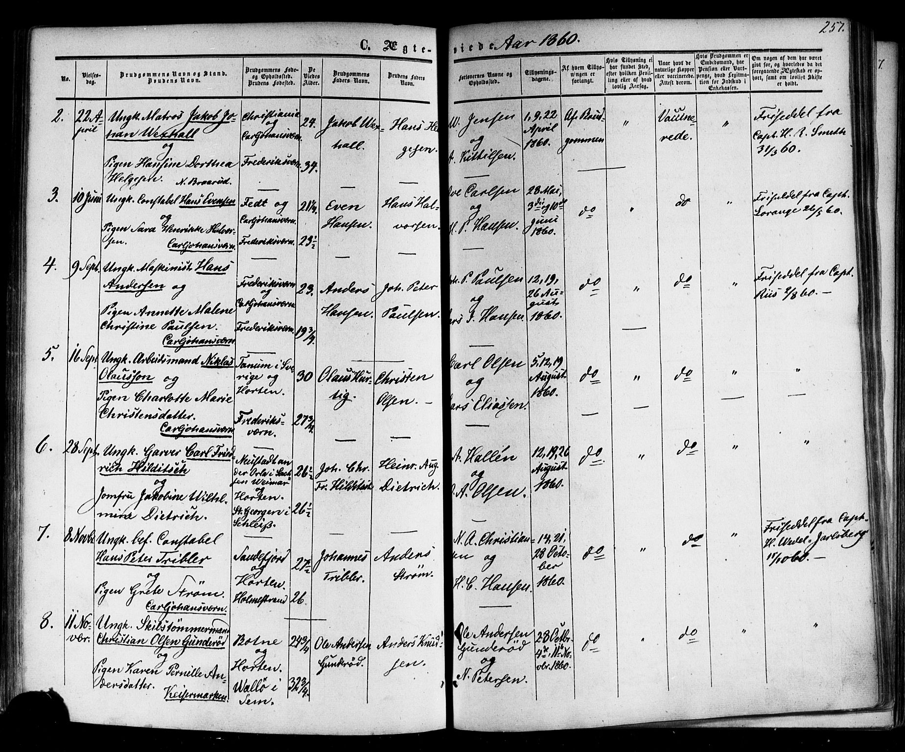 Horten kirkebøker, AV/SAKO-A-348/F/Fa/L0001: Parish register (official) no. 1, 1855-1871, p. 257