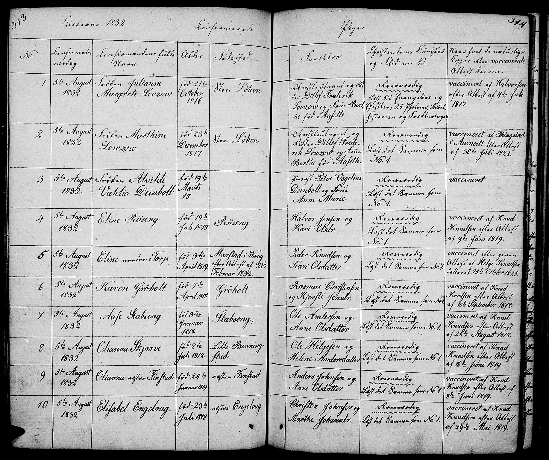 Løten prestekontor, SAH/PREST-022/L/La/L0002: Parish register (copy) no. 2, 1832-1850, p. 313-314