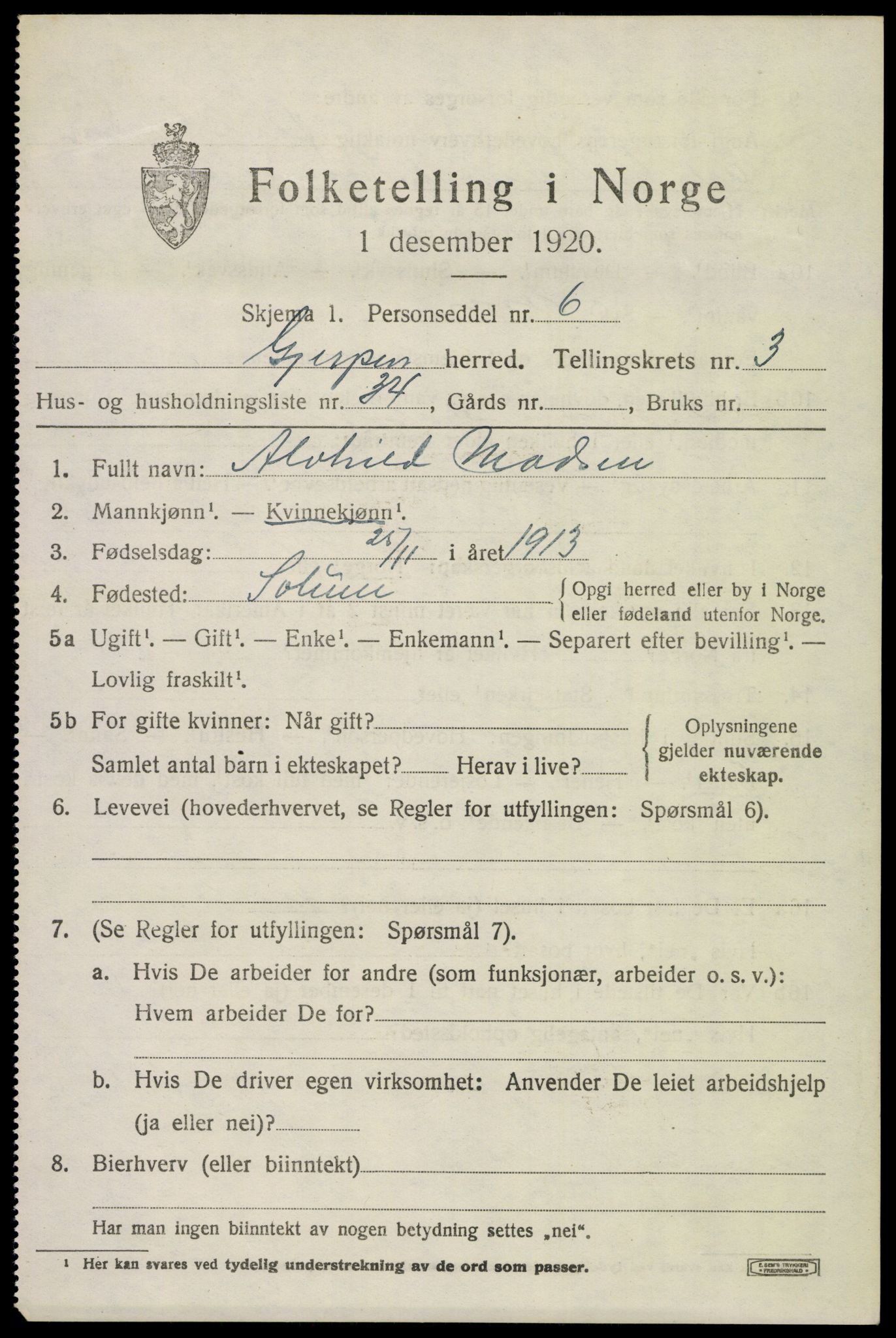 SAKO, 1920 census for Gjerpen, 1920, p. 5610