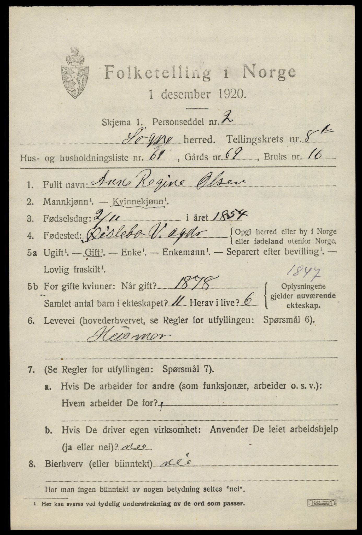 SAK, 1920 census for Søgne, 1920, p. 4599