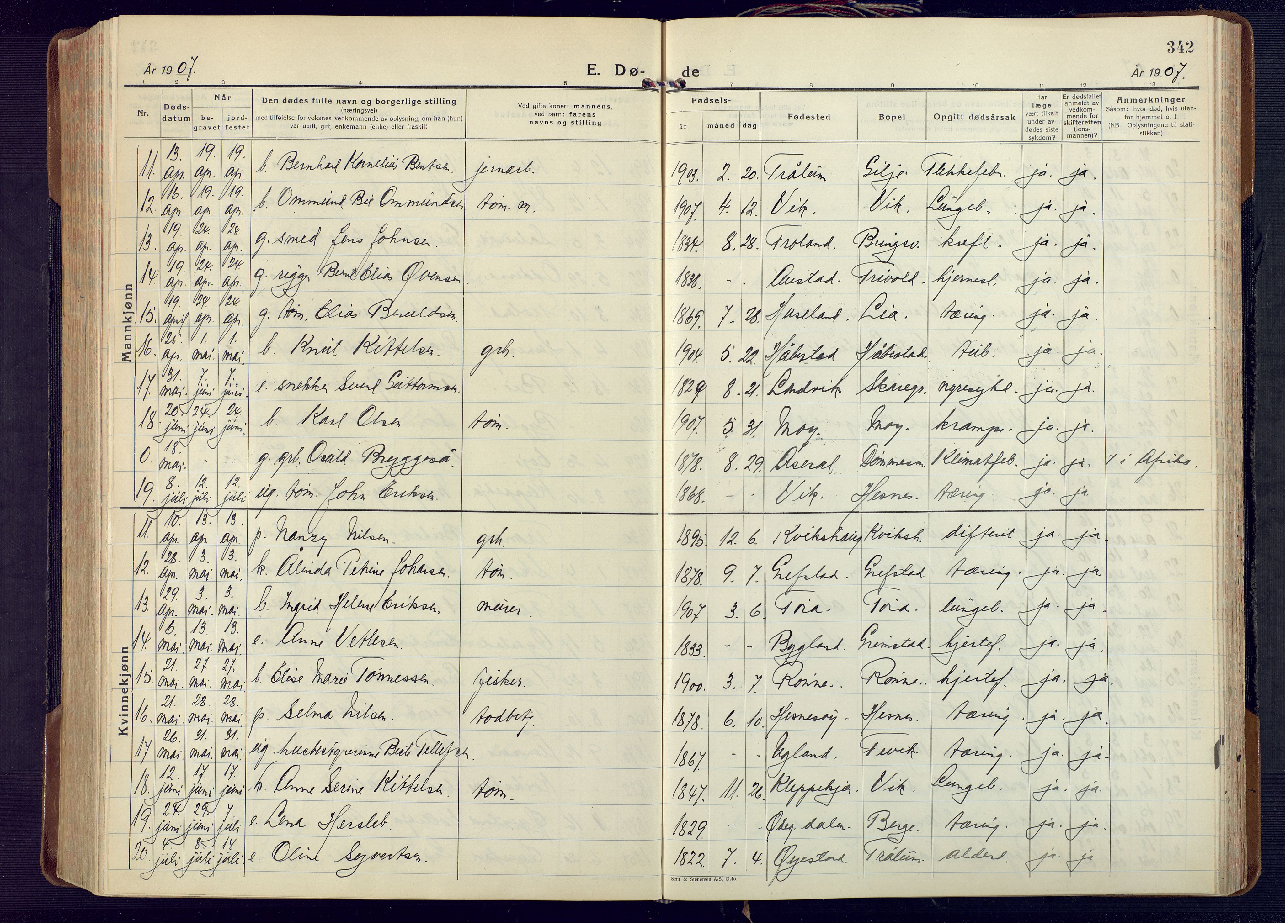 Fjære sokneprestkontor, AV/SAK-1111-0011/F/Fa/L0004: Parish register (official) no. A 4, 1902-1925, p. 342