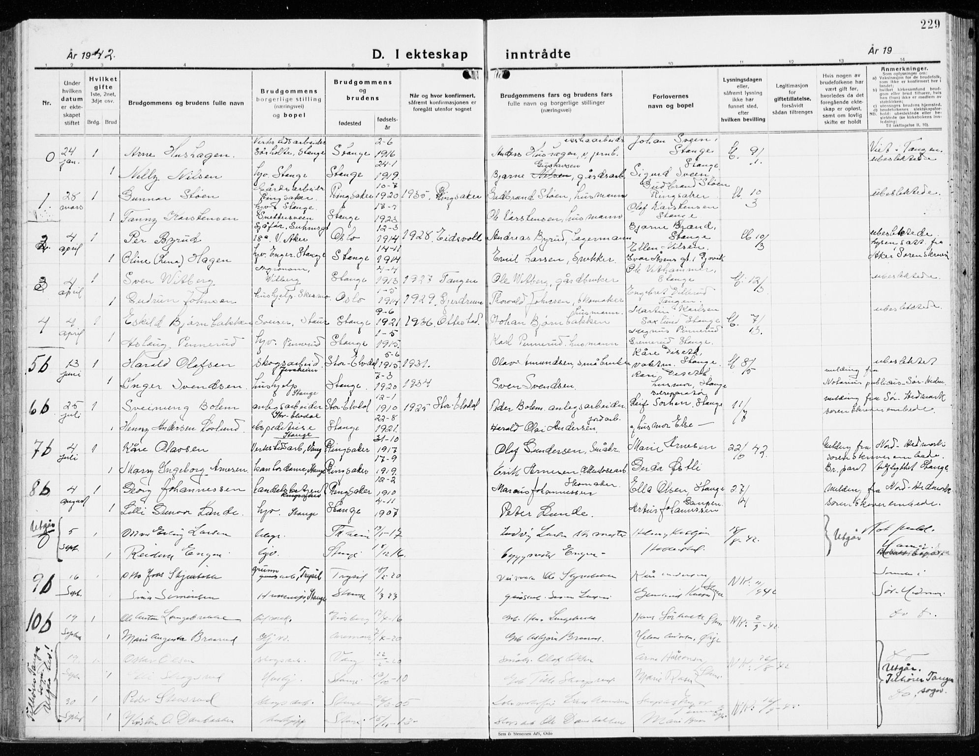 Stange prestekontor, SAH/PREST-002/K/L0027: Parish register (official) no. 27, 1937-1947, p. 229