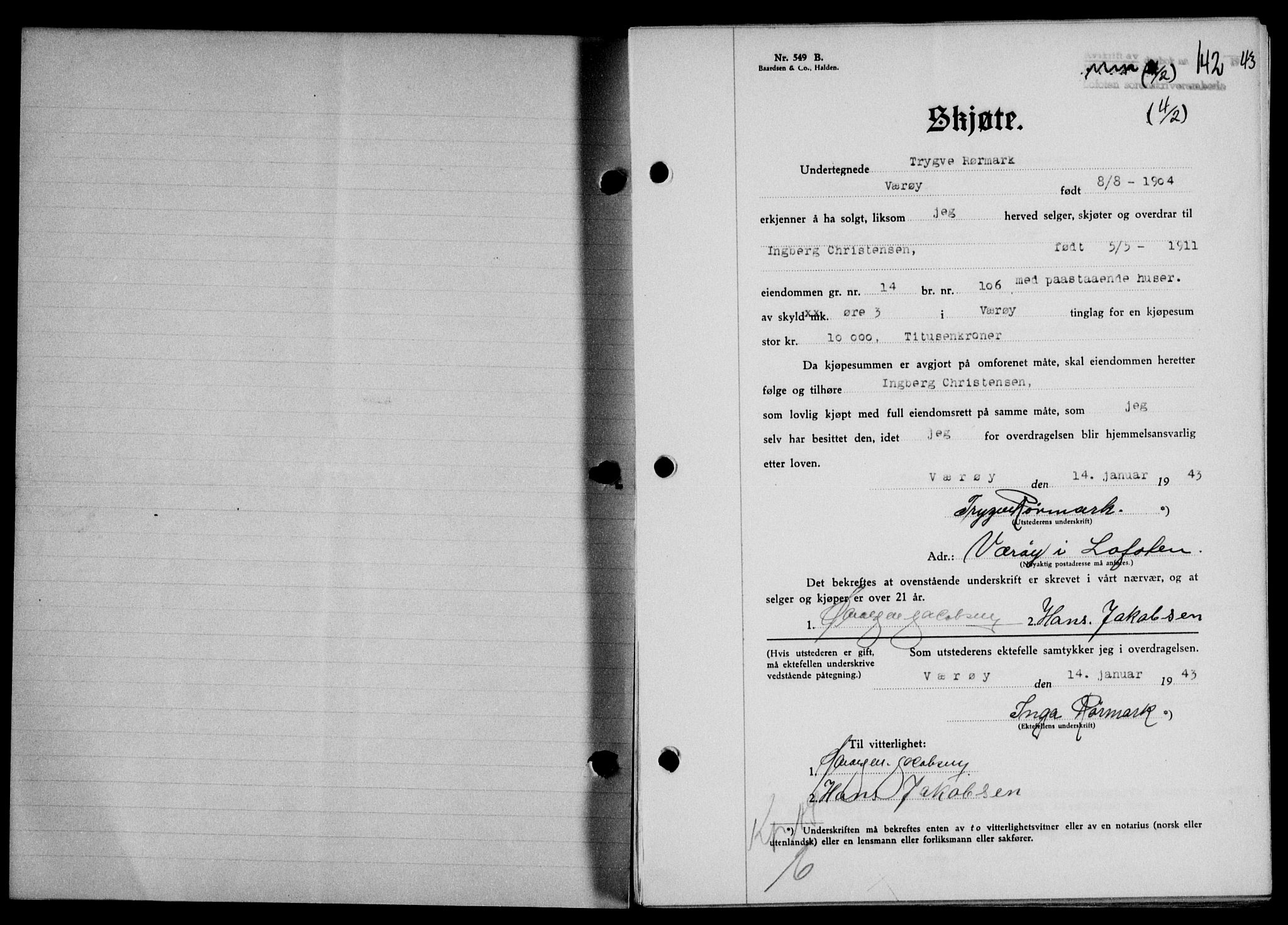 Lofoten sorenskriveri, SAT/A-0017/1/2/2C/L0010a: Mortgage book no. 10a, 1942-1943, Diary no: : 142/1943