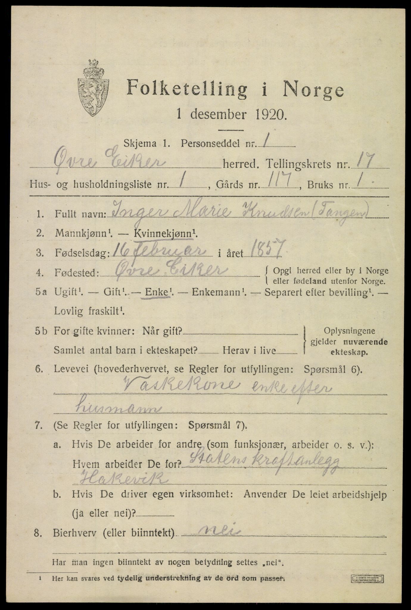 SAKO, 1920 census for Øvre Eiker, 1920, p. 21318