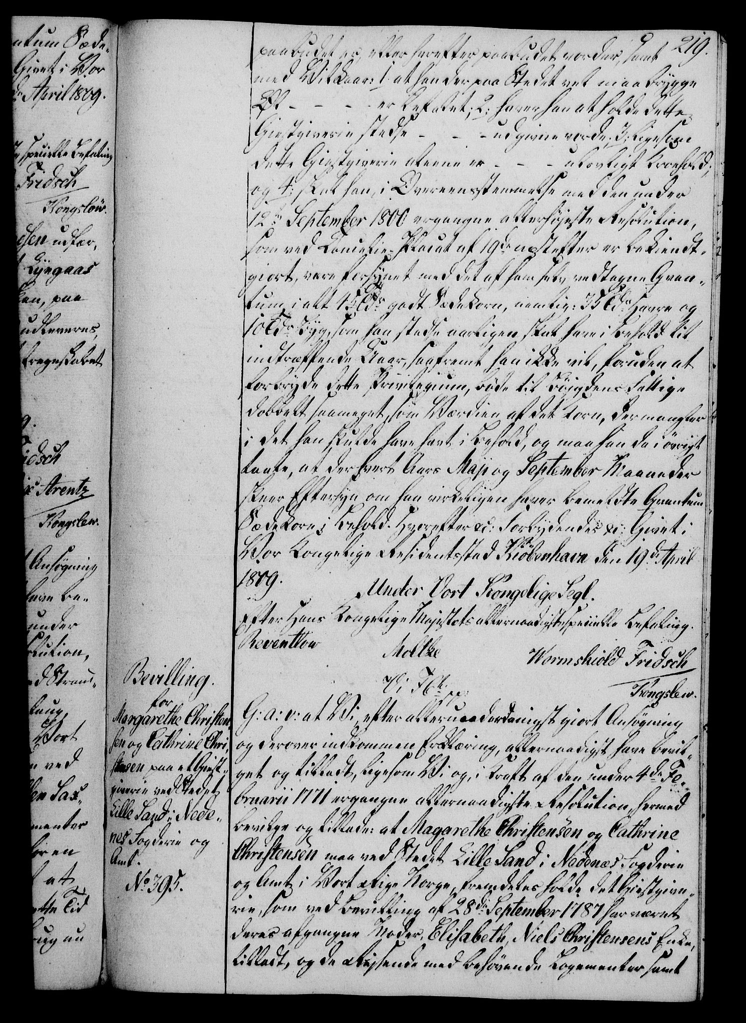 Rentekammeret, Kammerkanselliet, AV/RA-EA-3111/G/Gg/Gga/L0019: Norsk ekspedisjonsprotokoll med register (merket RK 53.19), 1807-1810, p. 219