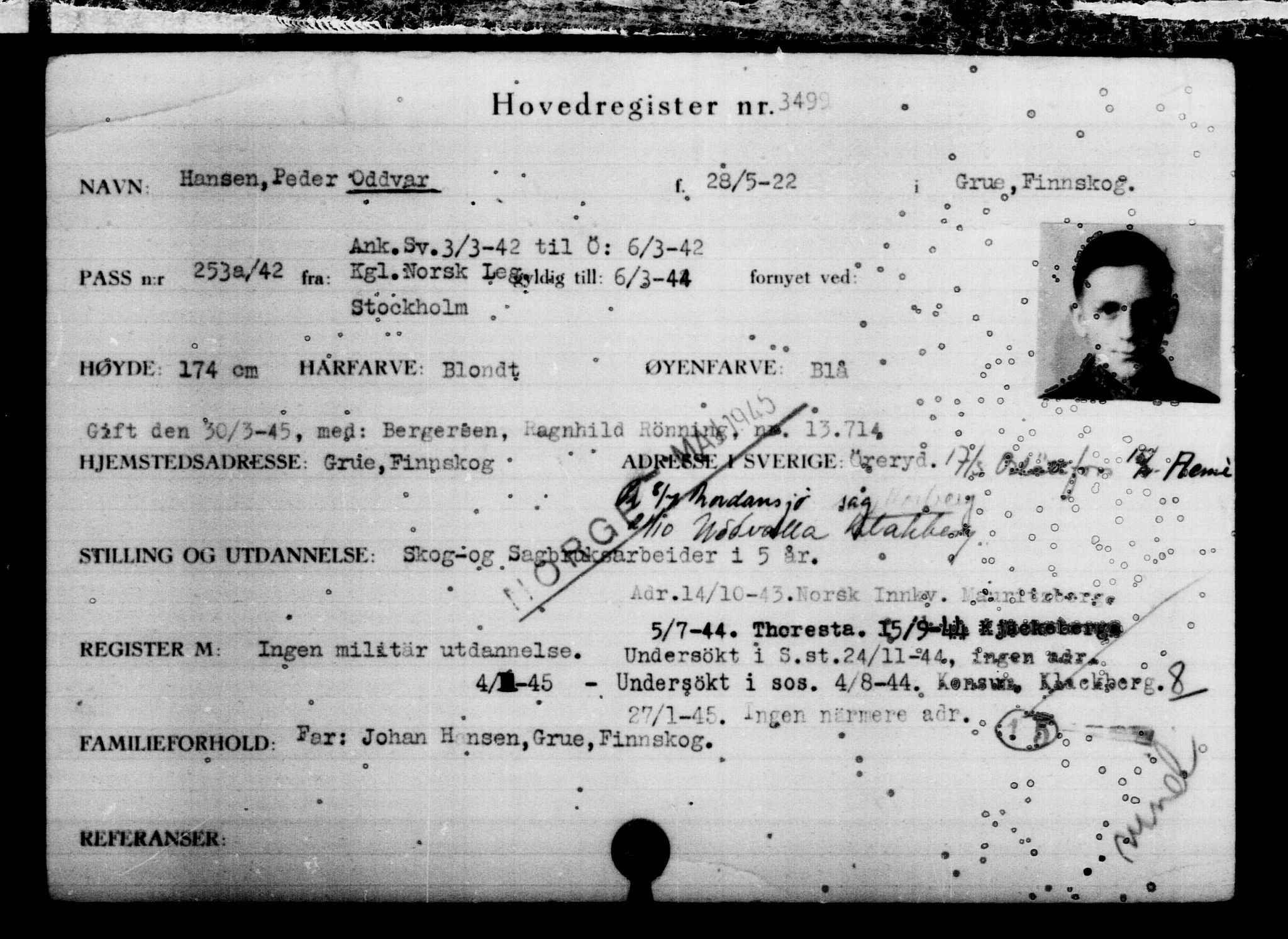 Utenriksstasjonene, Legasjonen i Stockholm, Flyktningkontoret, AV/RA-S-6753/V/Va/L0004: Kjesäterkartoteket, flyktninger med registreringsnr. 3496-6610, 1940-1945, p. 5