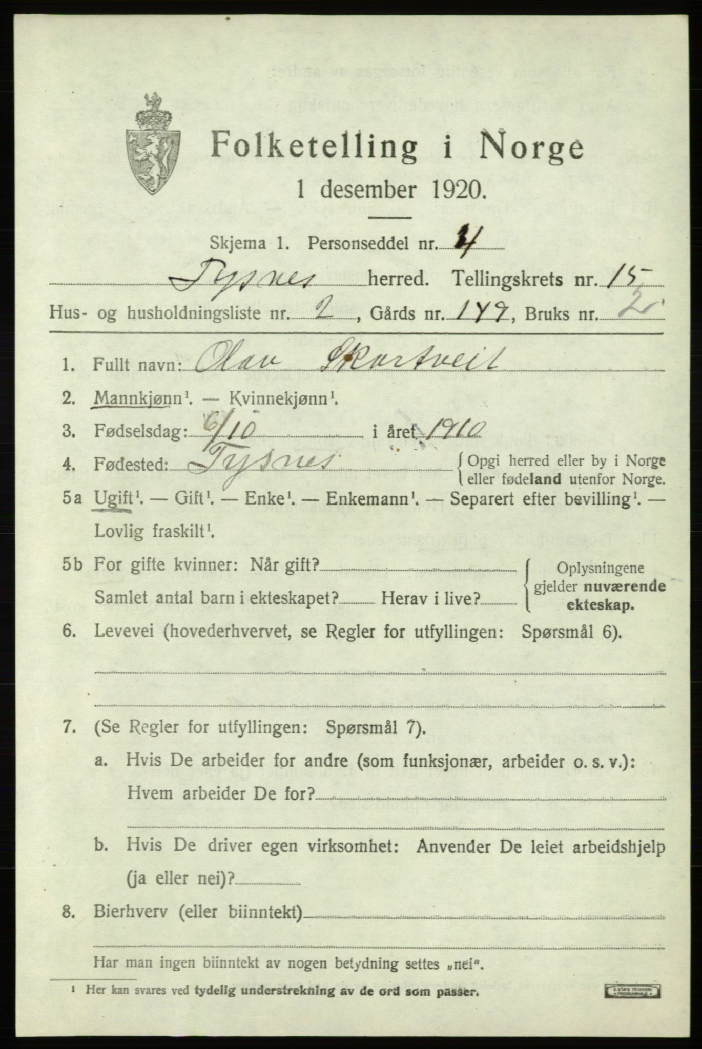 SAB, 1920 census for Tysnes, 1920, p. 9950