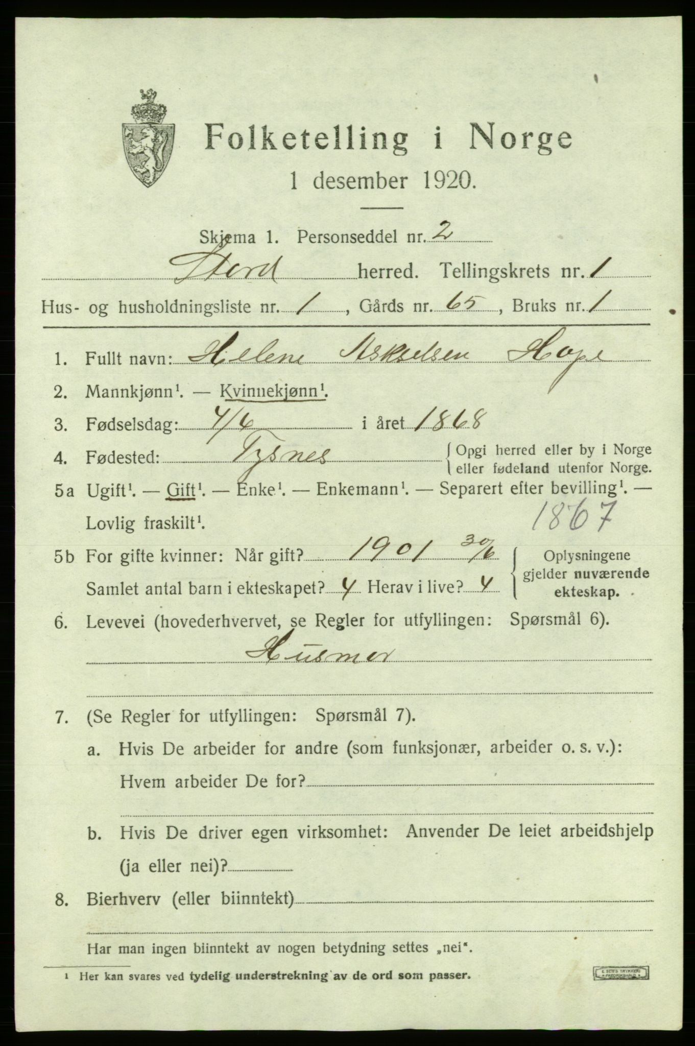 SAB, 1920 census for Stord, 1920, p. 1233