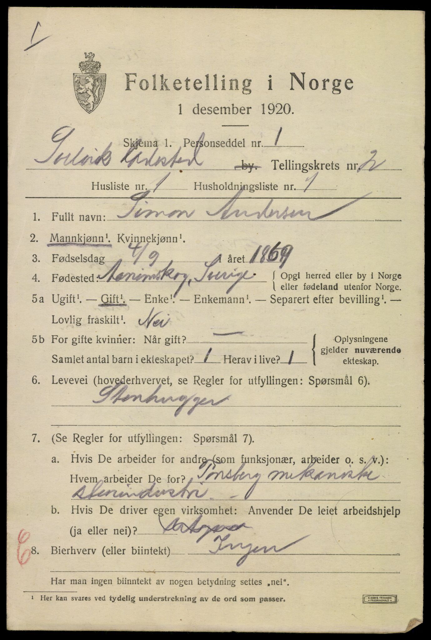 SAKO, 1920 census for Svelvik, 1920, p. 2489