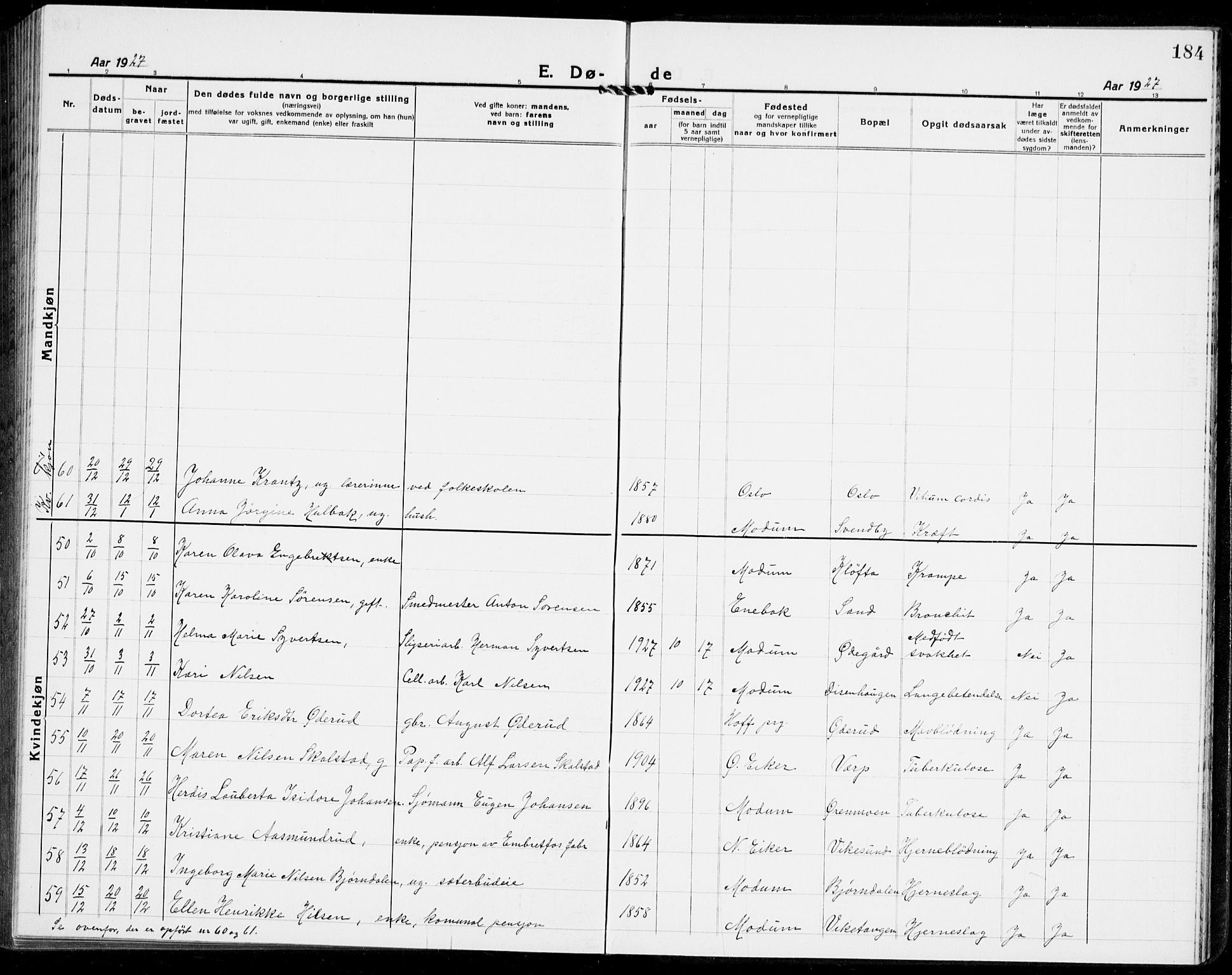 Modum kirkebøker, AV/SAKO-A-234/G/Ga/L0012: Parish register (copy) no. I 12, 1923-1933, p. 184