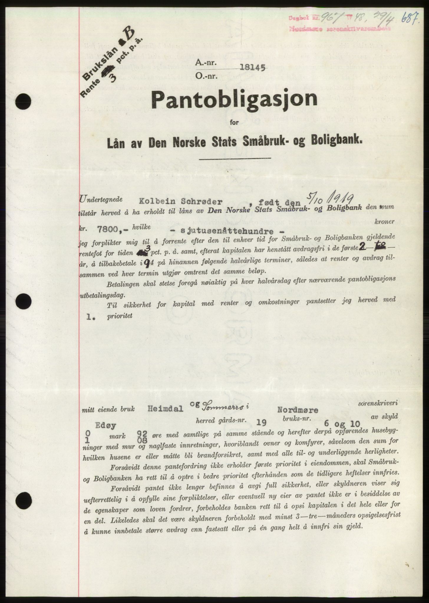 Nordmøre sorenskriveri, AV/SAT-A-4132/1/2/2Ca: Mortgage book no. B98, 1948-1948, Diary no: : 967/1948