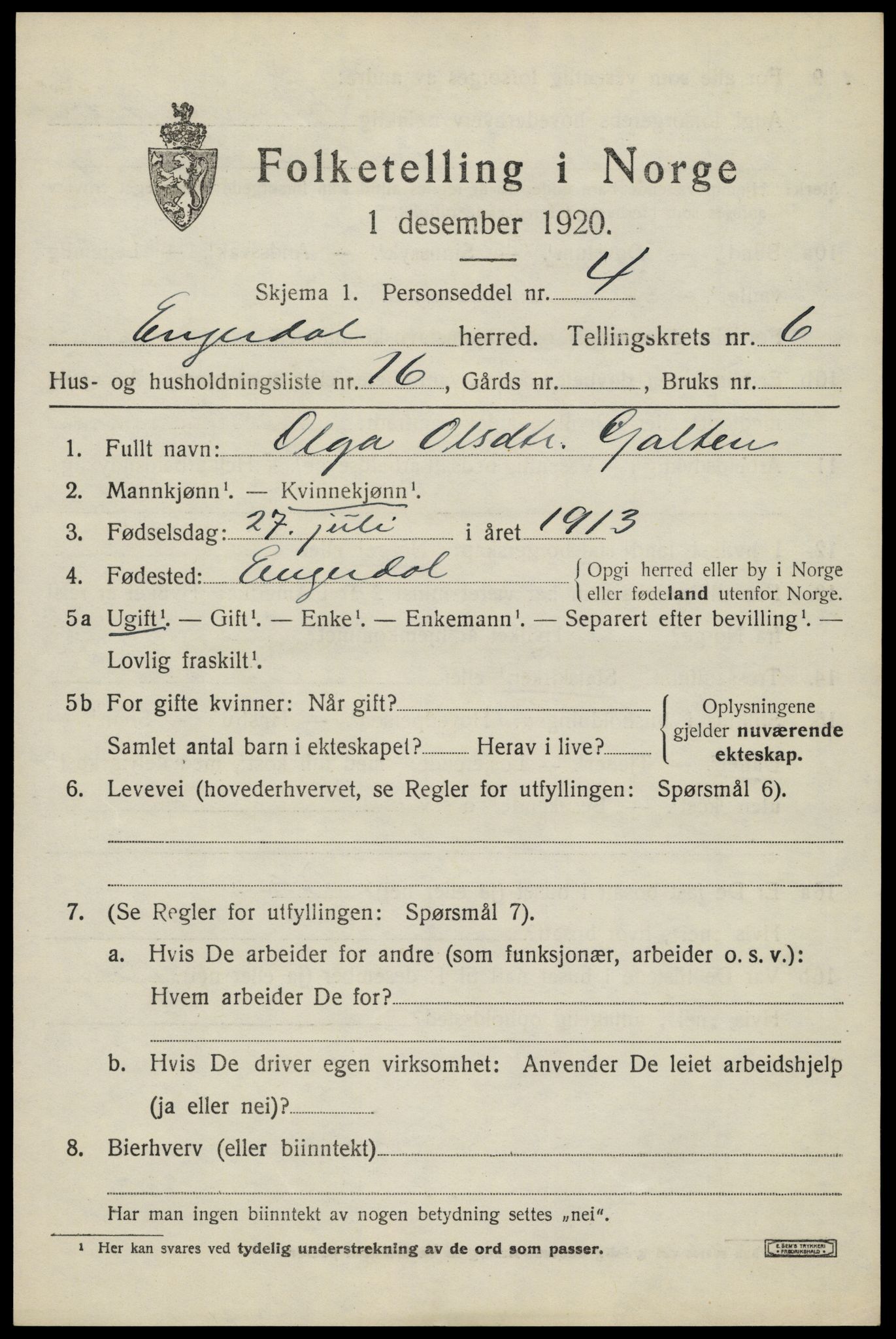 SAH, 1920 census for Engerdal, 1920, p. 2933