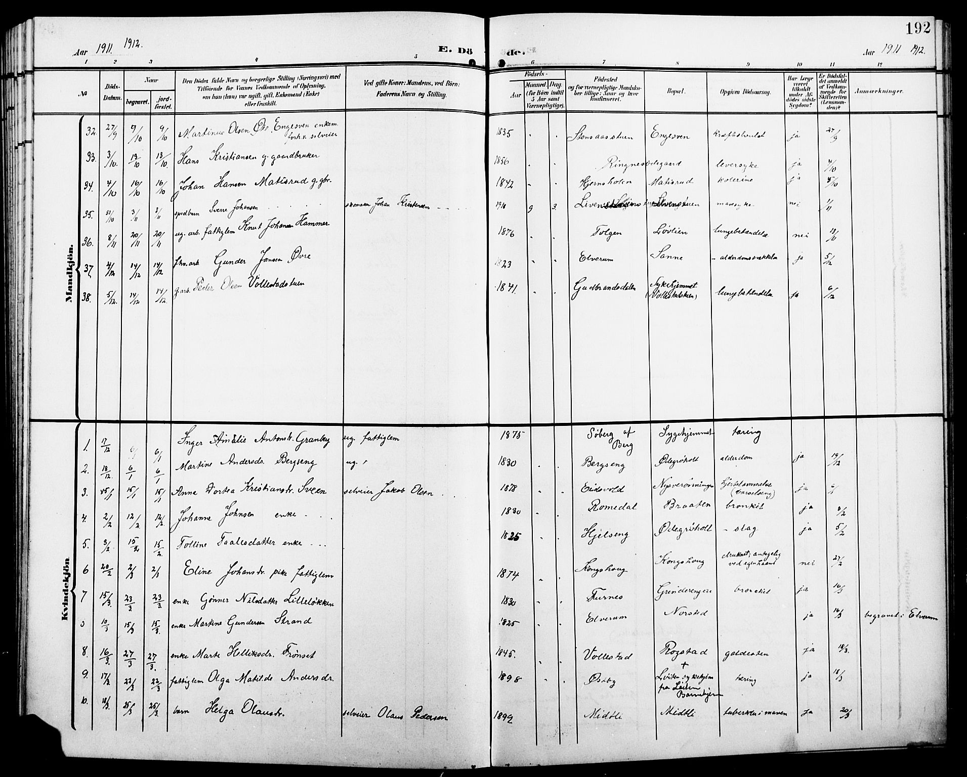 Løten prestekontor, SAH/PREST-022/L/La/L0007: Parish register (copy) no. 7, 1910-1919, p. 192