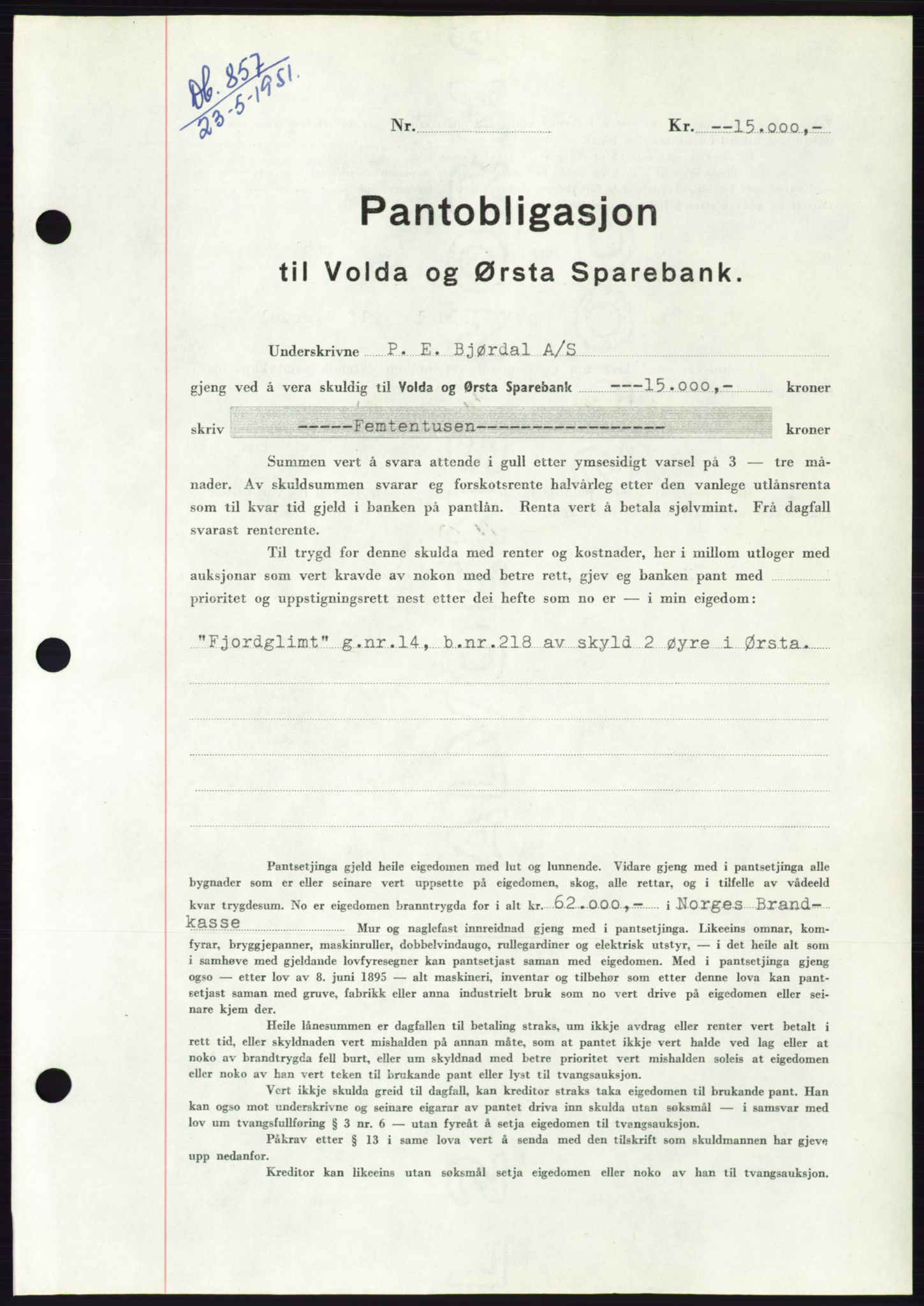Søre Sunnmøre sorenskriveri, AV/SAT-A-4122/1/2/2C/L0120: Mortgage book no. 8B, 1951-1951, Diary no: : 857/1951