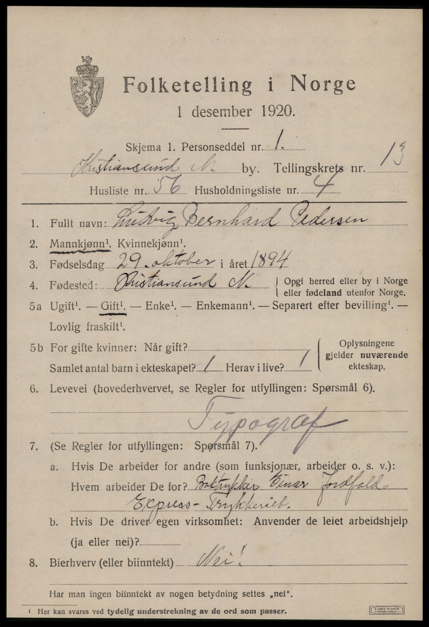 SAT, 1920 census for Kristiansund, 1920, p. 28135