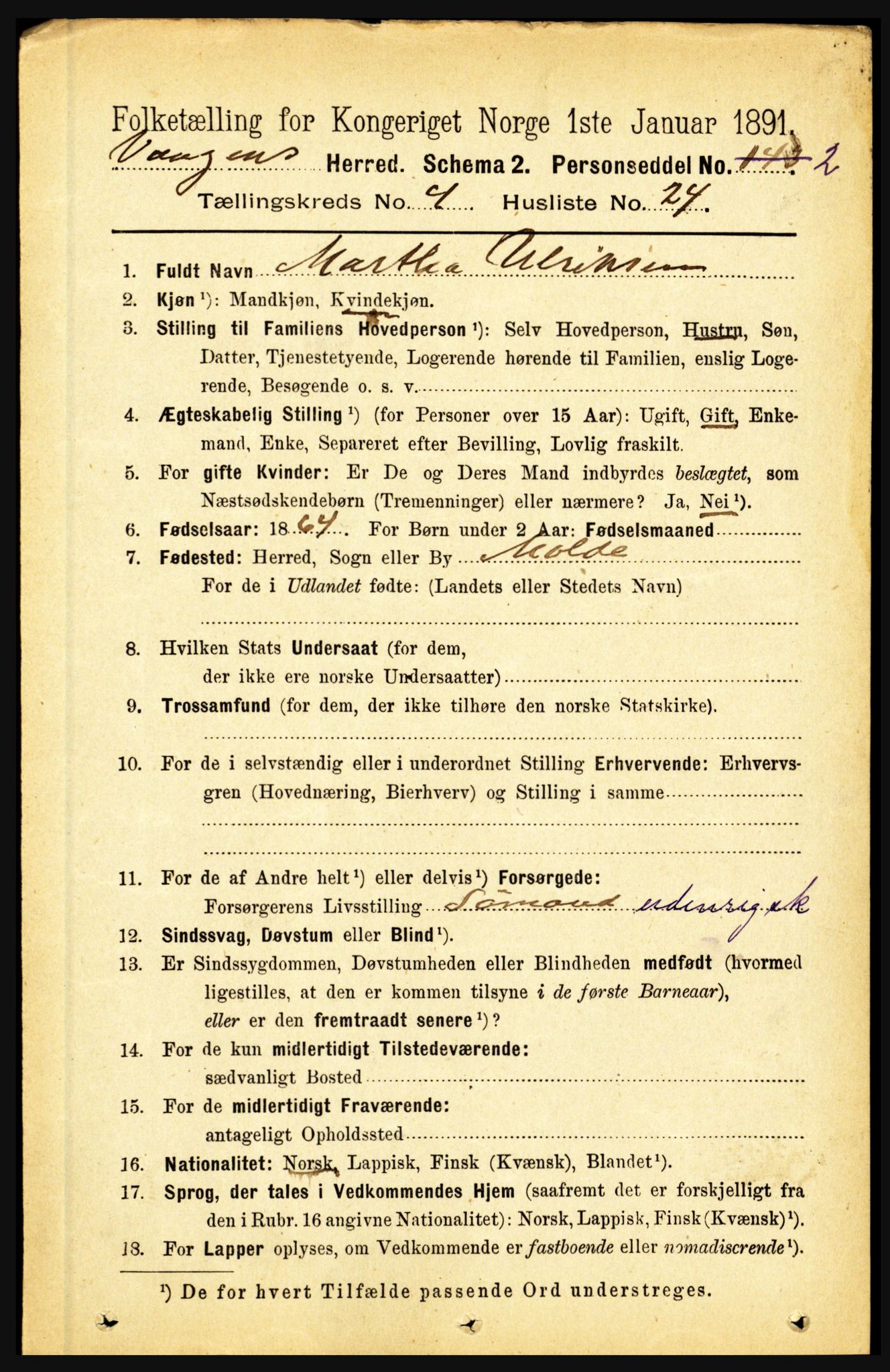 RA, 1891 census for 1865 Vågan, 1891, p. 1081