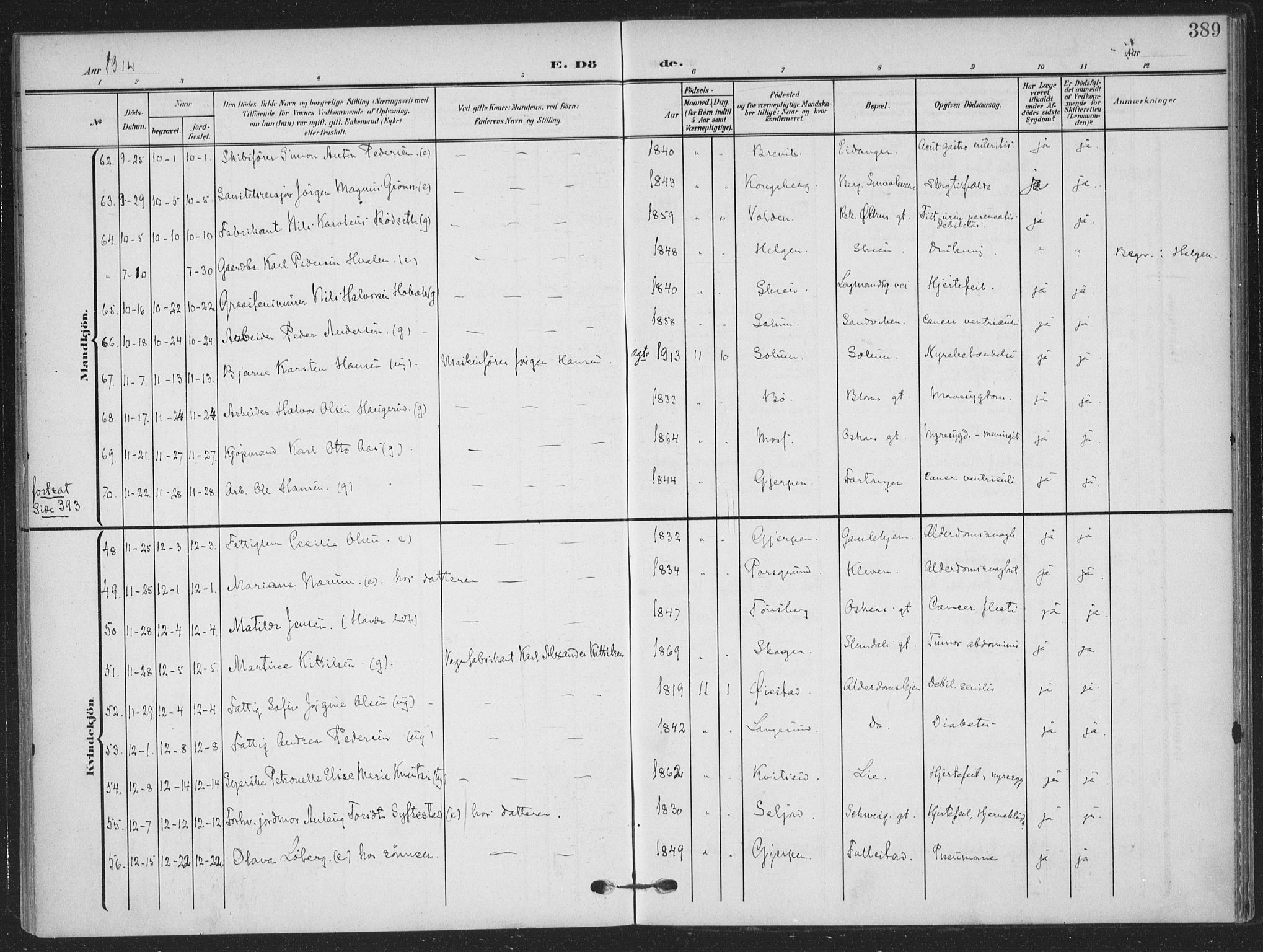 Skien kirkebøker, SAKO/A-302/F/Fa/L0012: Parish register (official) no. 12, 1908-1914, p. 389