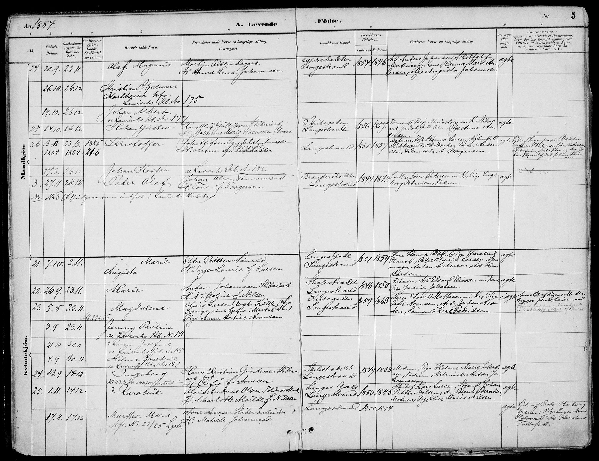 Larvik kirkebøker, SAKO/A-352/F/Fb/L0004: Parish register (official) no. II 4, 1884-1902, p. 5