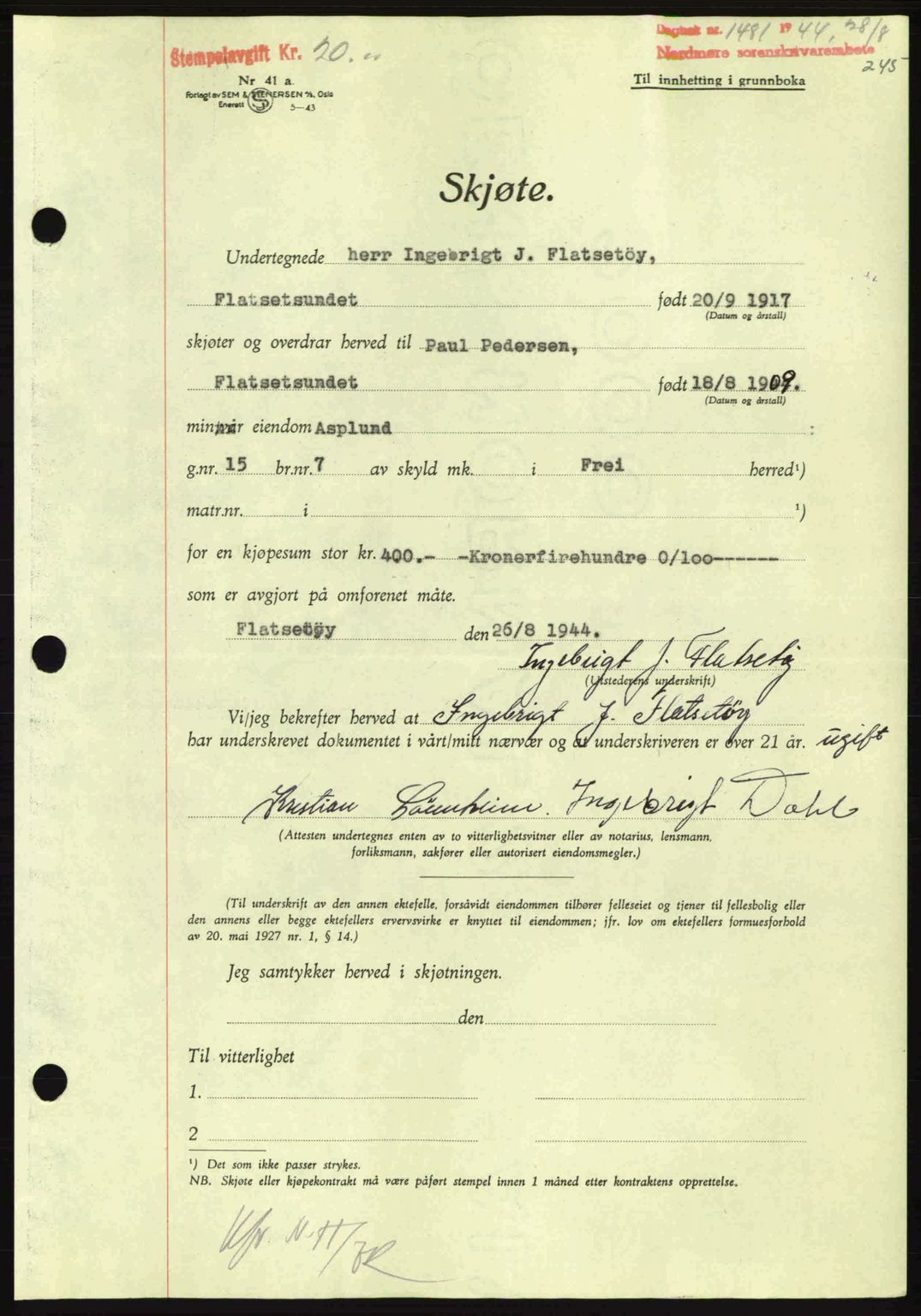 Nordmøre sorenskriveri, AV/SAT-A-4132/1/2/2Ca: Mortgage book no. A98, 1944-1944, Diary no: : 1481/1944