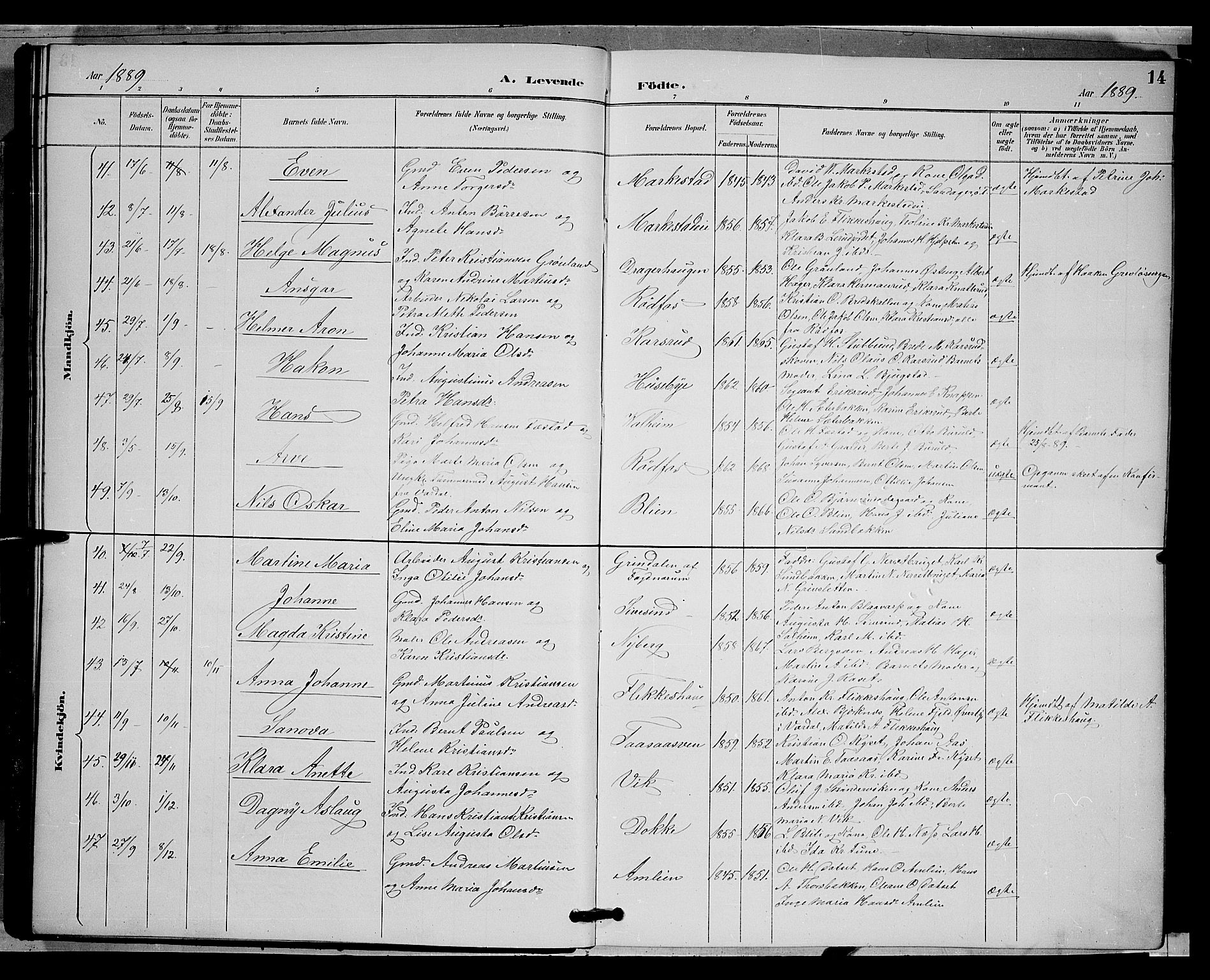 Vestre Toten prestekontor, SAH/PREST-108/H/Ha/Hab/L0009: Parish register (copy) no. 9, 1888-1900, p. 14