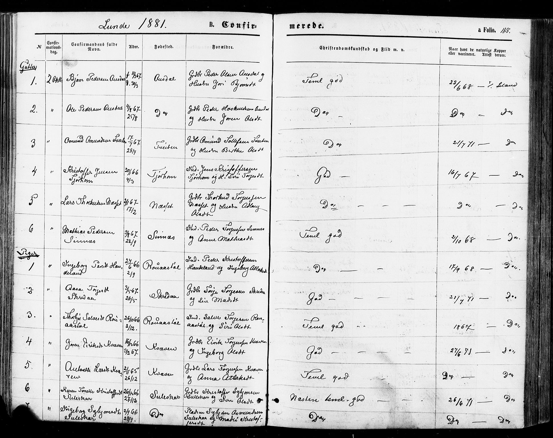 Sirdal sokneprestkontor, SAK/1111-0036/F/Fa/Fab/L0003: Parish register (official) no. A 3, 1874-1886, p. 168