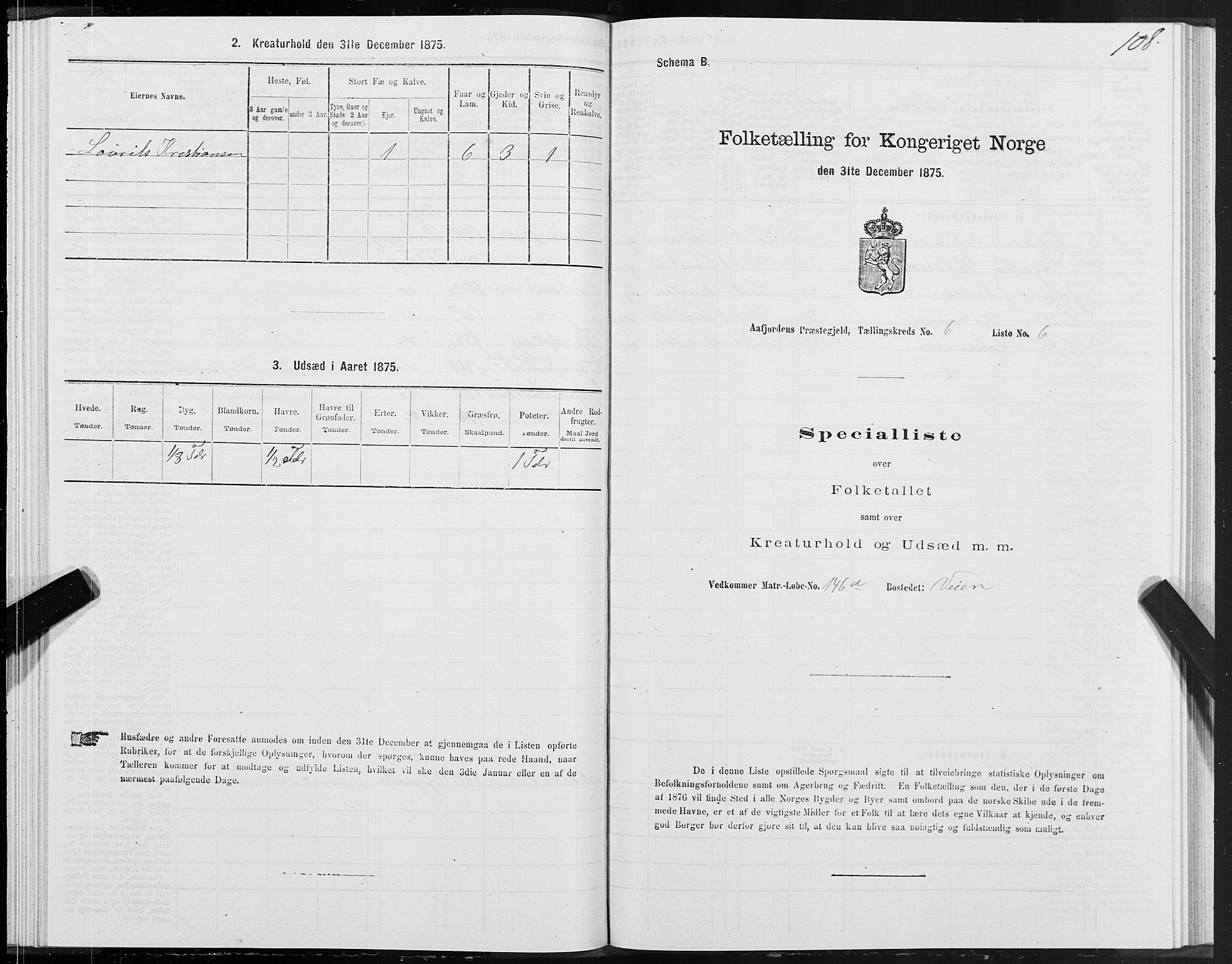 SAT, 1875 census for 1630P Aafjorden, 1875, p. 3108