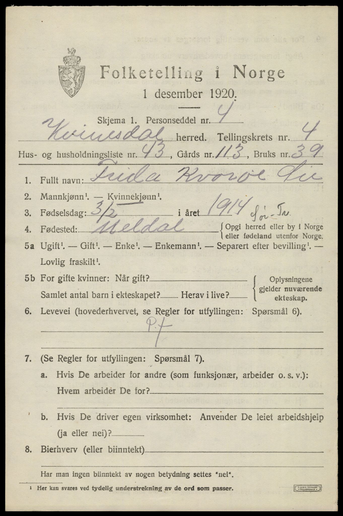 SAK, 1920 census for Kvinesdal, 1920, p. 4887