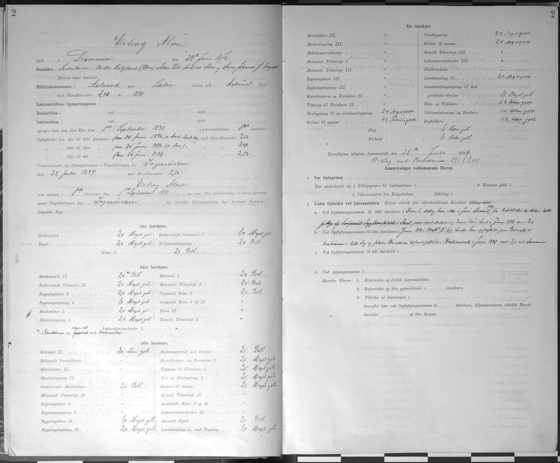 Trondhjems tekniske læreanstalt, AV/SAT-A-1622/G/Ga/L0047: Karakterprotokoll, faste elever, 1890-1899