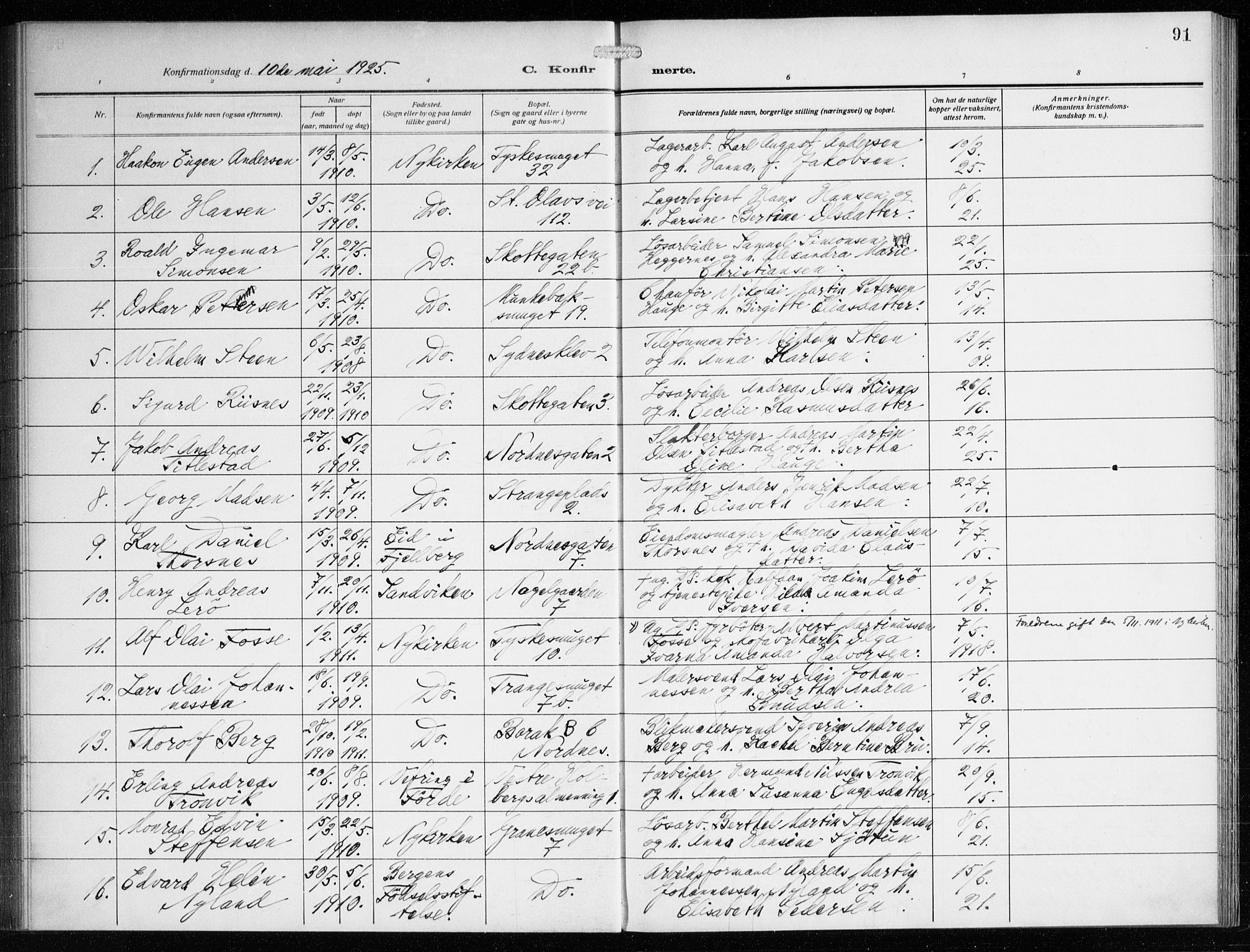 Nykirken Sokneprestembete, SAB/A-77101/H/Haa/L0029: Parish register (official) no. C 8, 1913-1936, p. 91
