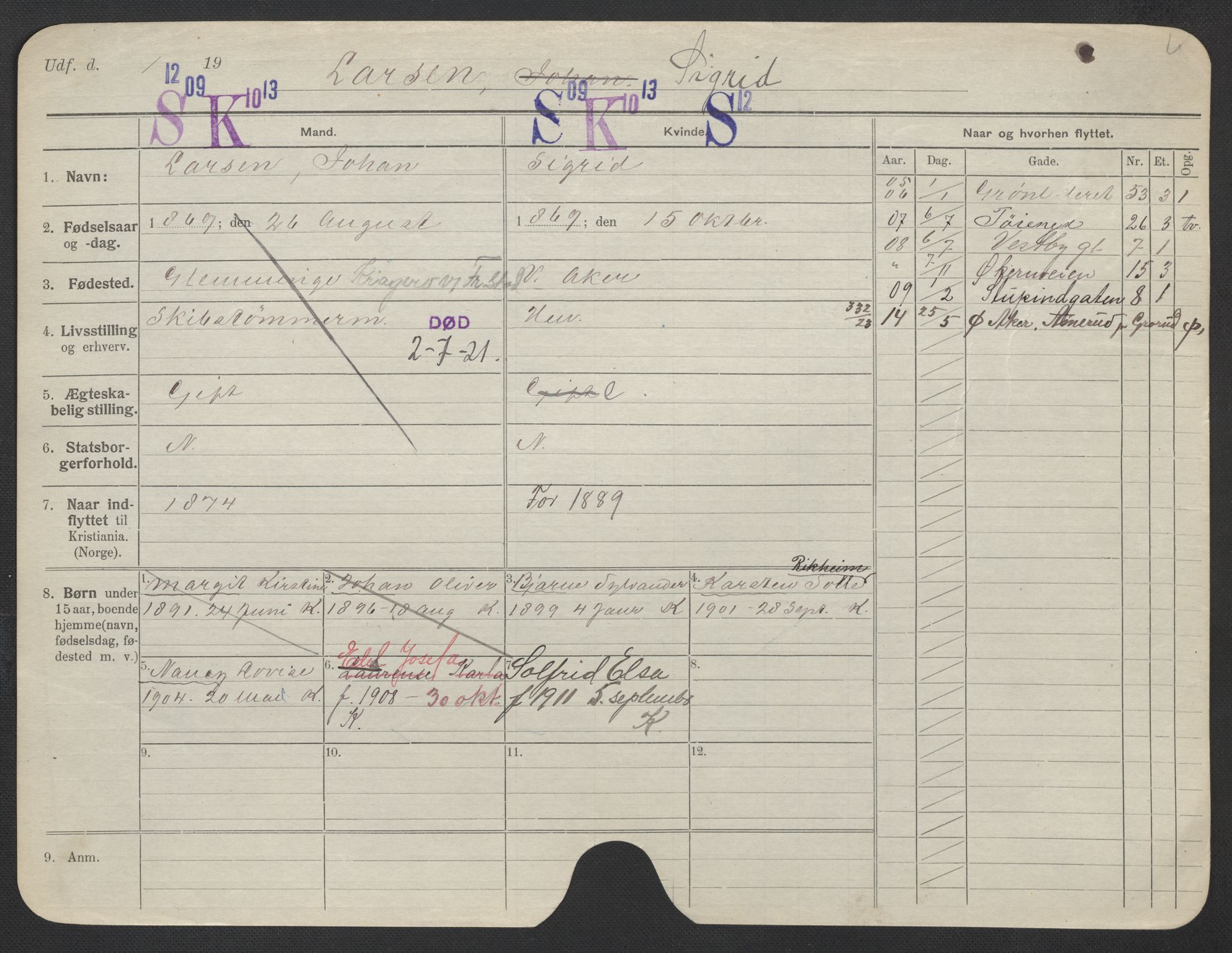 Oslo folkeregister, Registerkort, AV/SAO-A-11715/F/Fa/Fac/L0019: Kvinner, 1906-1914, p. 1148a