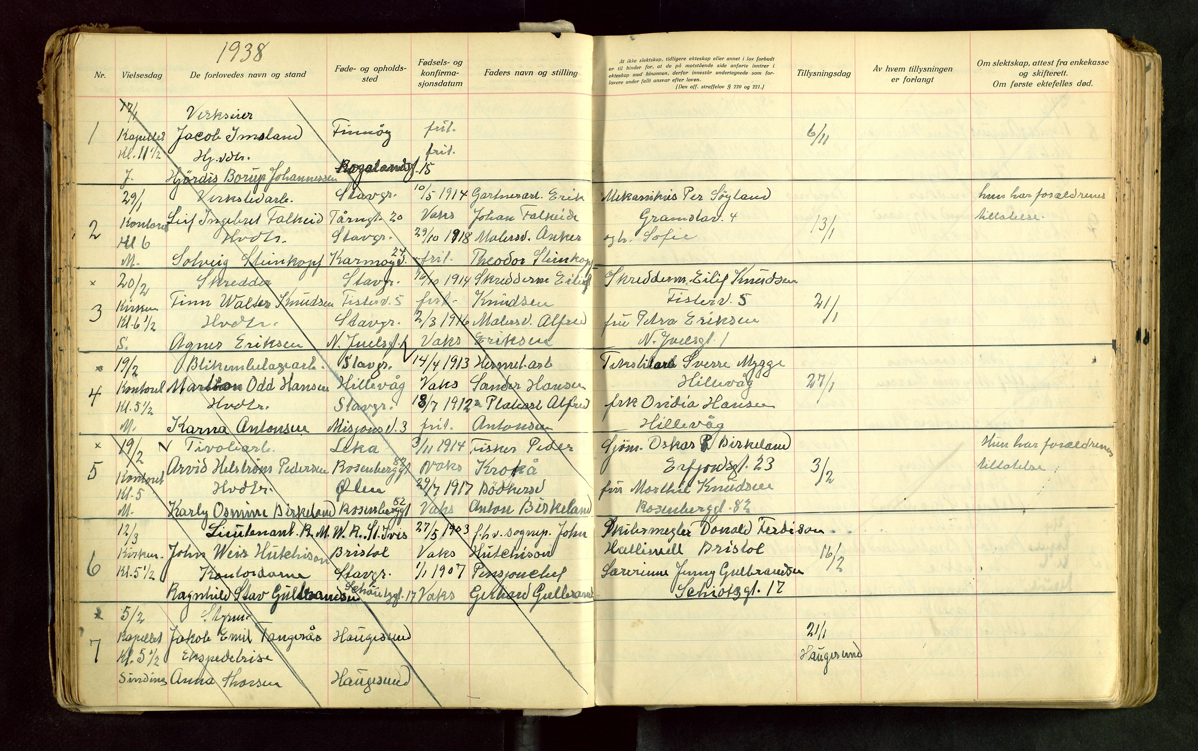 Domkirken sokneprestkontor, AV/SAST-A-101812/001/70/705BA/L0008: Banns register no. 8, 1936-1956