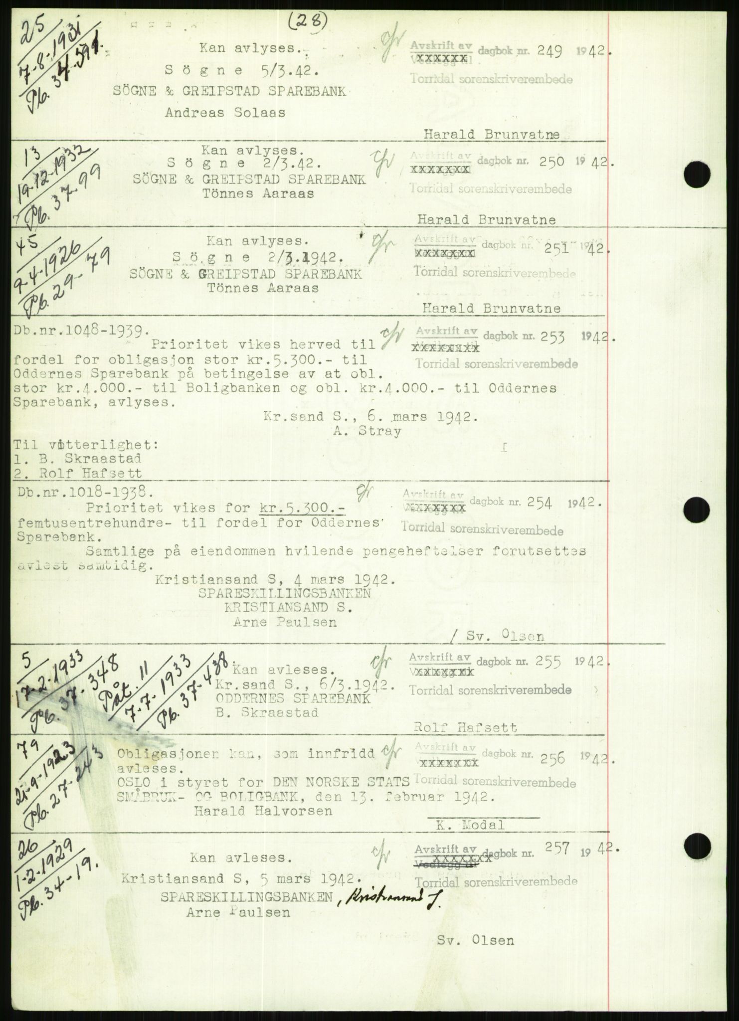 Torridal sorenskriveri, SAK/1221-0012/G/Gb/Gbb/L0009: Mortgage book no. 53b, 1942-1943, Diary no: : 233/1942