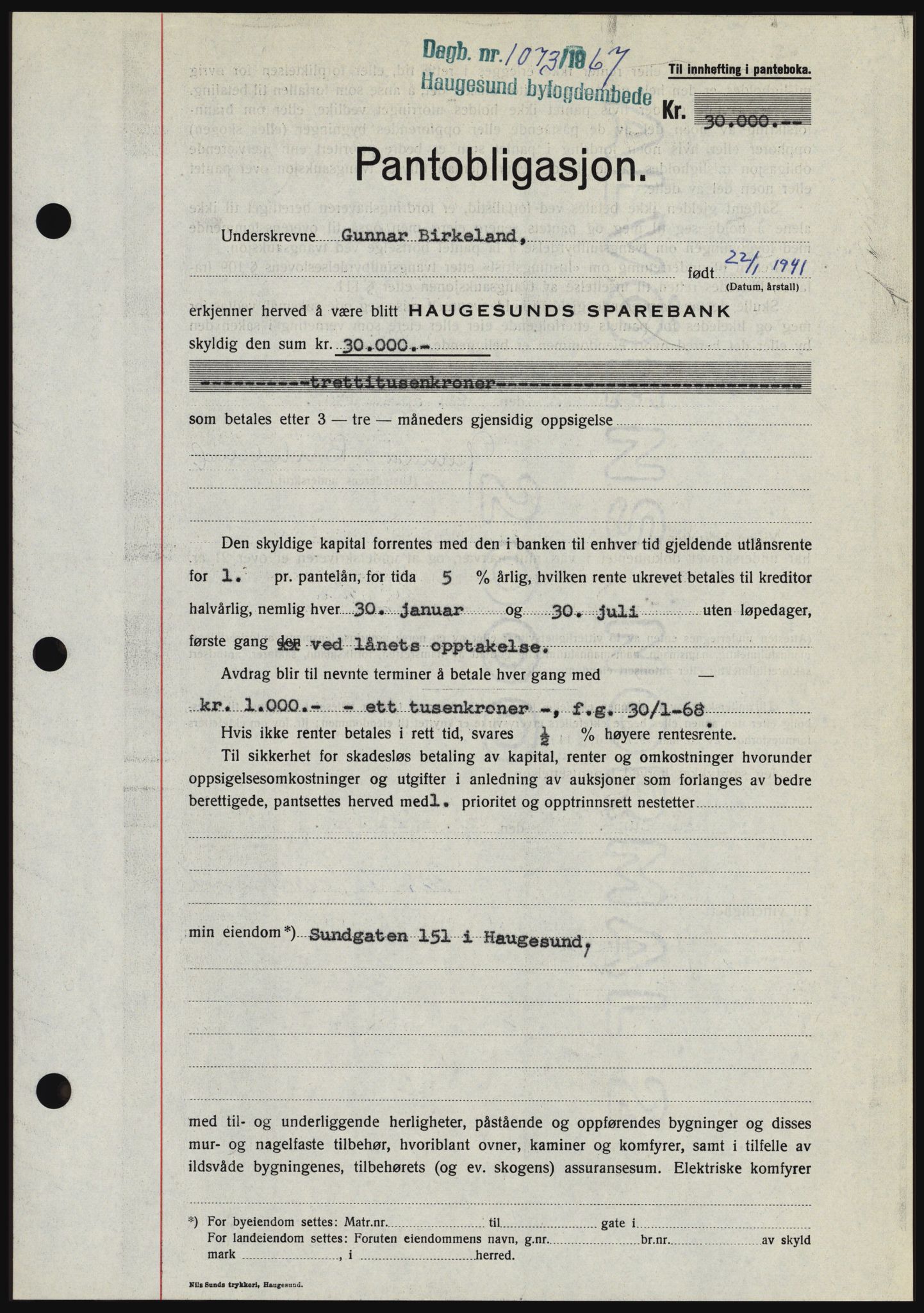 Haugesund tingrett, SAST/A-101415/01/II/IIC/L0056: Mortgage book no. B 56, 1966-1967, Diary no: : 1073/1967