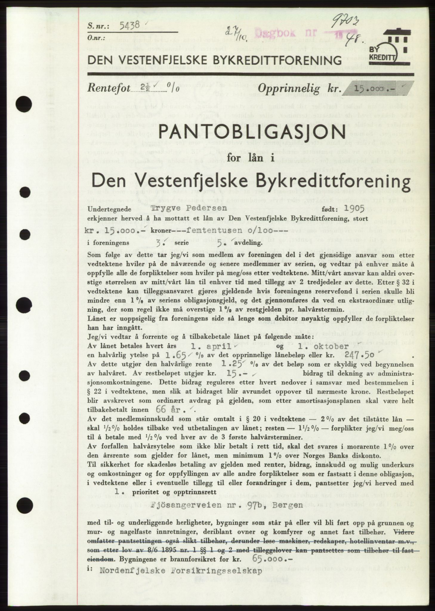 Byfogd og Byskriver i Bergen, AV/SAB-A-3401/03/03Bd/L0003: Mortgage book no. B29-39, 1947-1950, Diary no: : 9703/1948