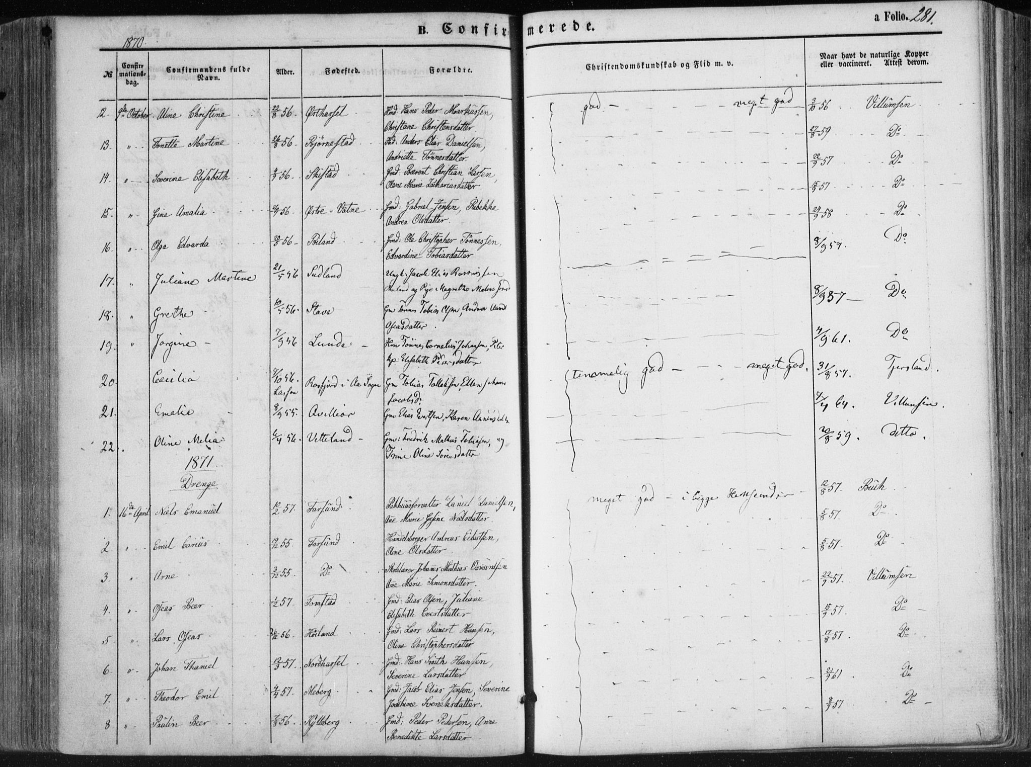 Lista sokneprestkontor, AV/SAK-1111-0027/F/Fa/L0011: Parish register (official) no. A 11, 1861-1878, p. 281