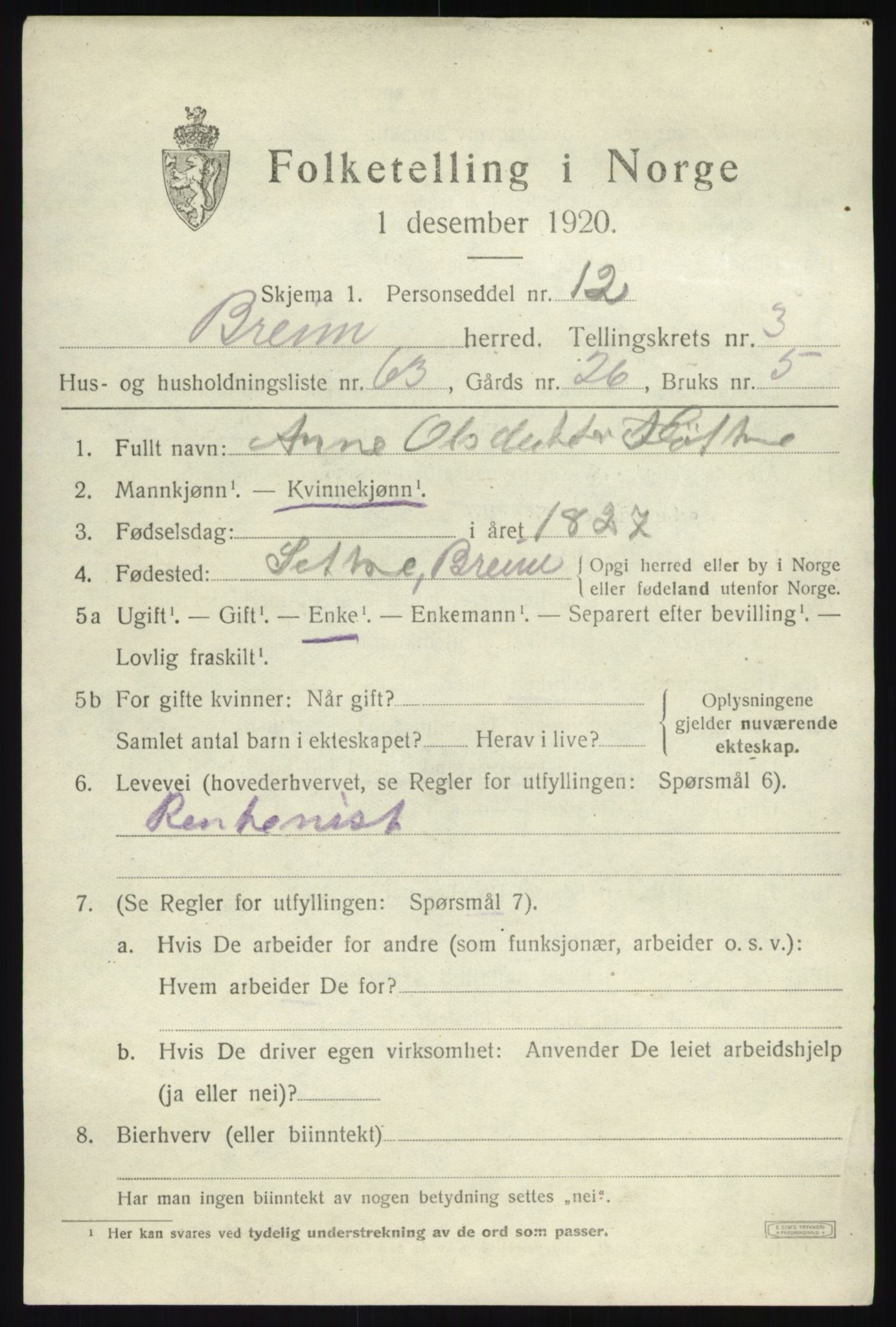 SAB, 1920 census for Breim, 1920, p. 2501