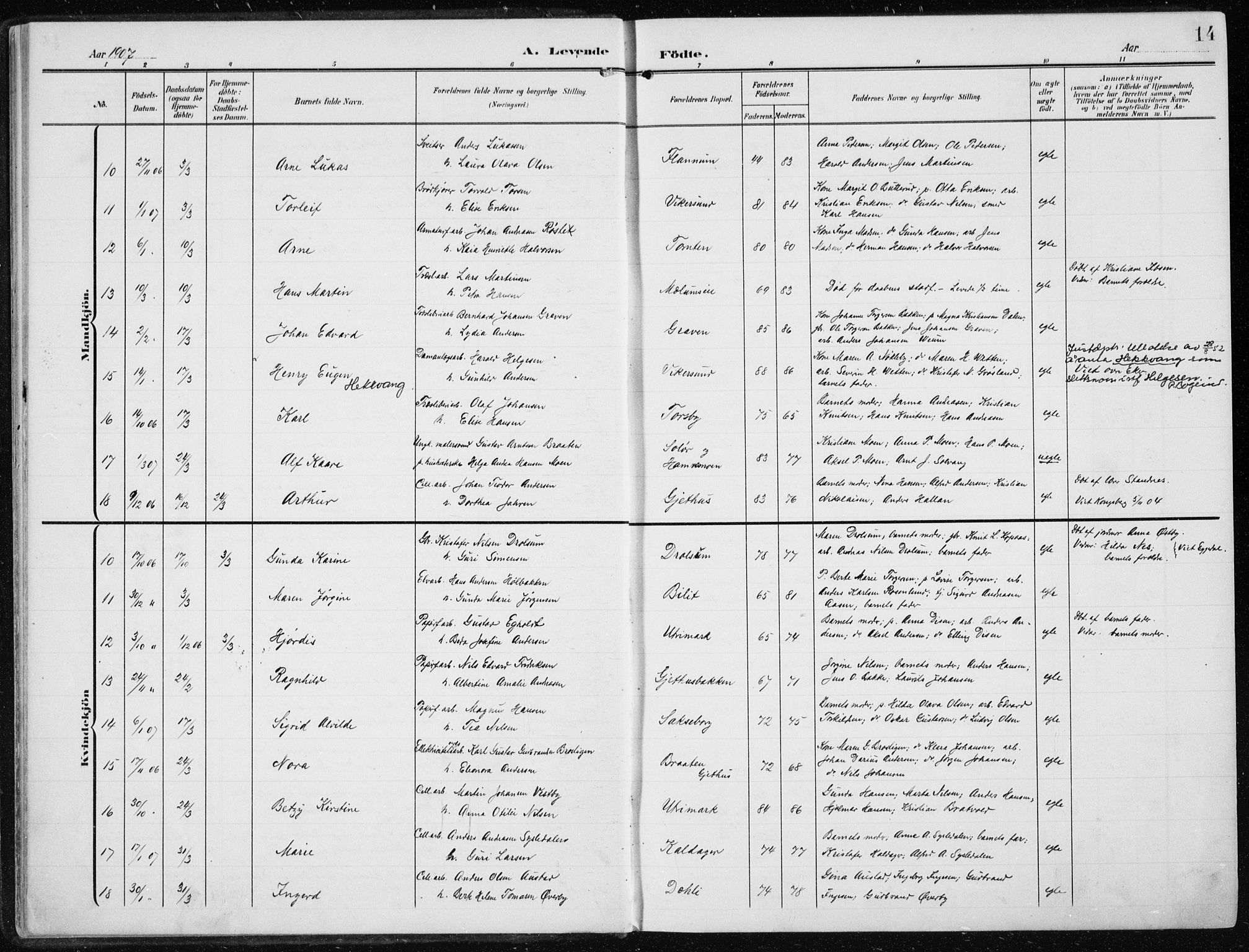Modum kirkebøker, AV/SAKO-A-234/F/Fa/L0014a: Parish register (official) no. 14A, 1906-1918, p. 14