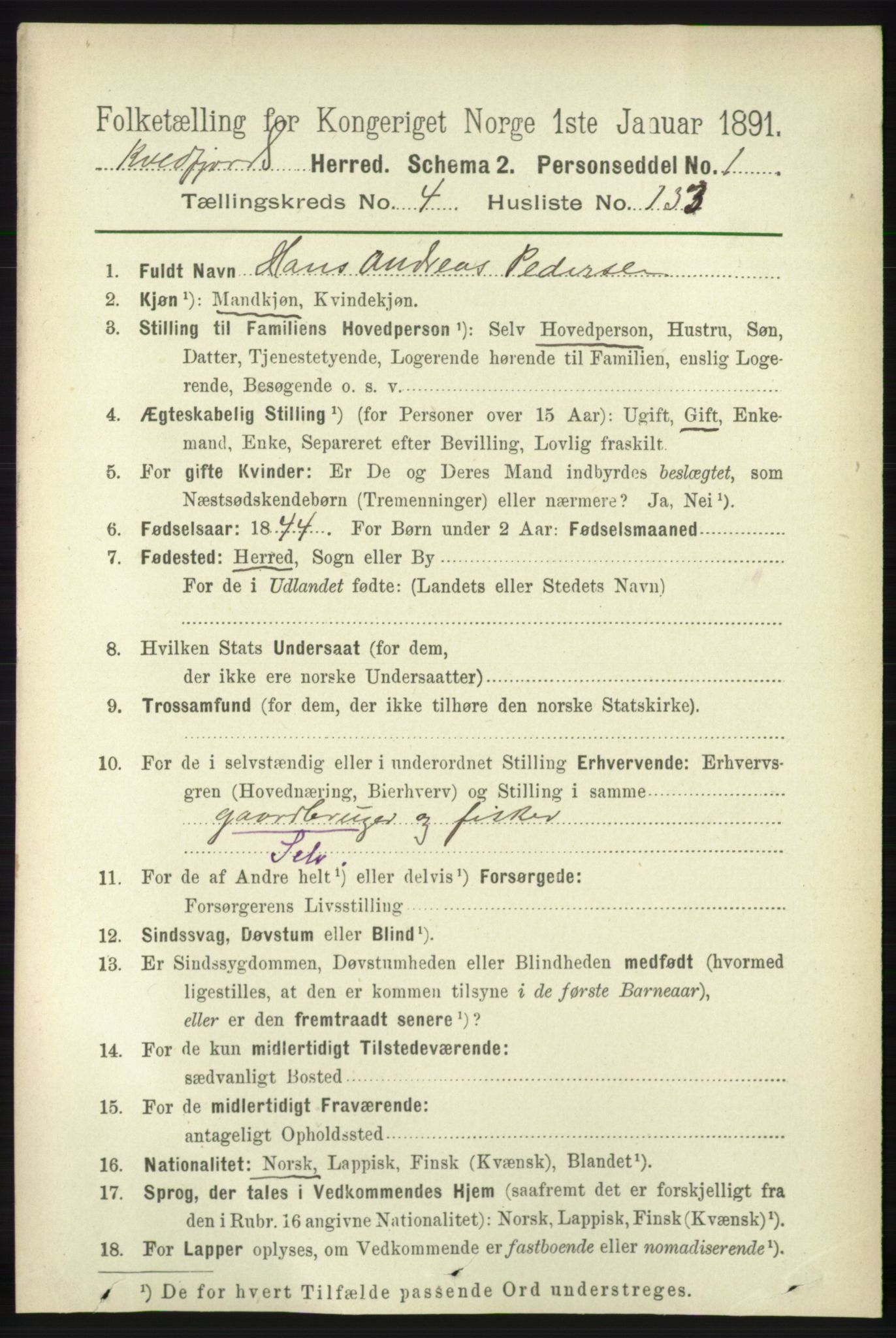 RA, 1891 census for 1911 Kvæfjord, 1891, p. 2729