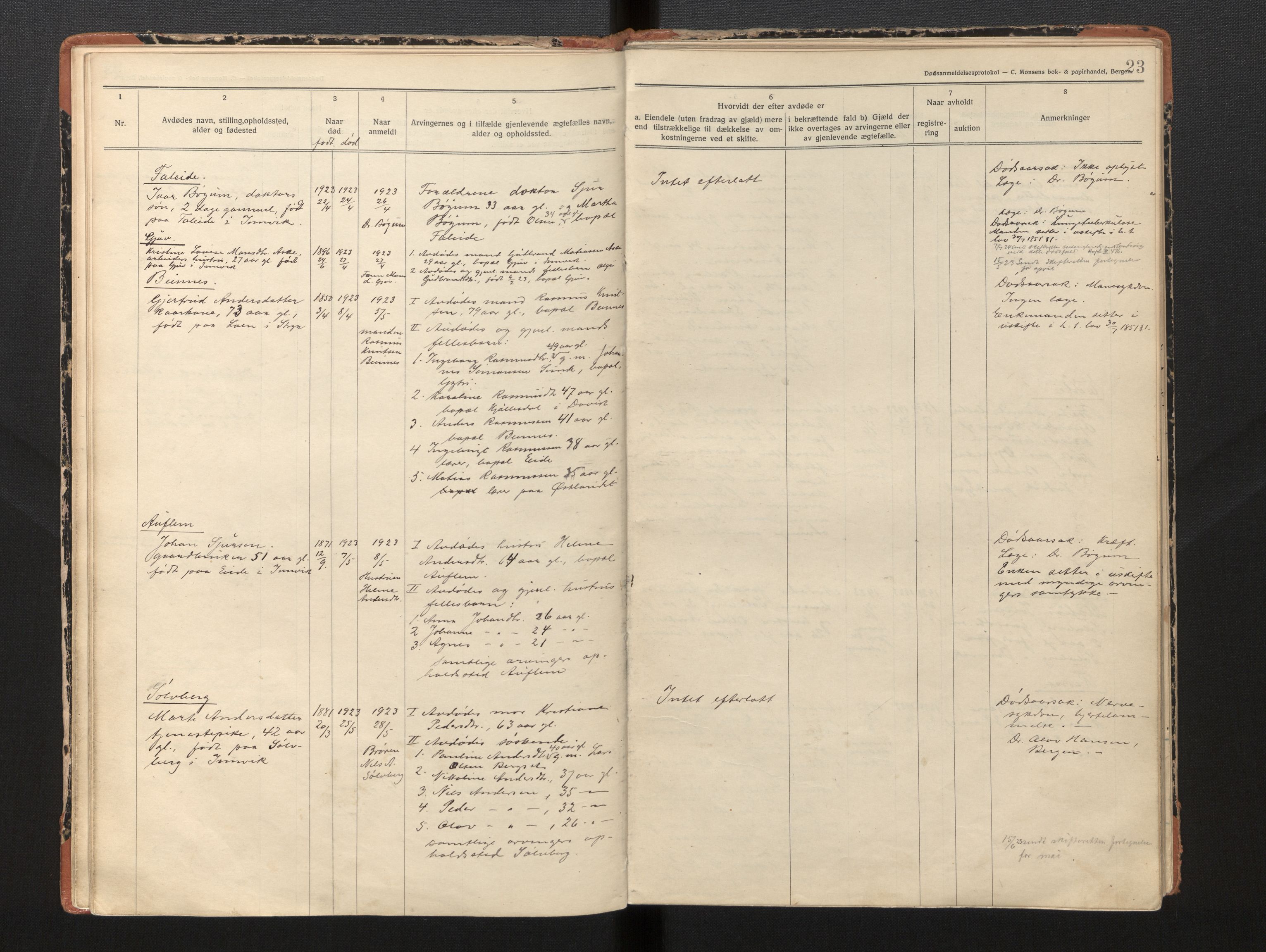 Lensmannen i Innvik, AV/SAB-A-28501/0006/L0005: Dødsfallprotokoll, 1921-1932, p. 22b-23a